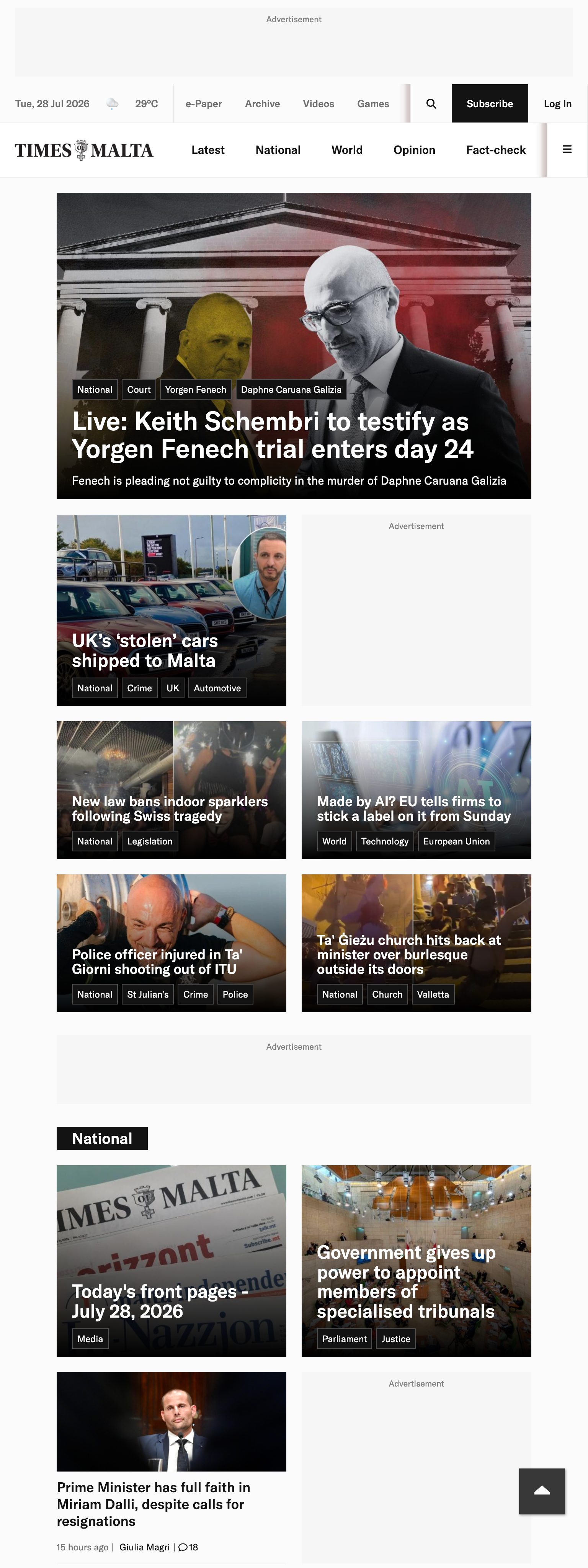 Screenshot of the Times of Malta front page