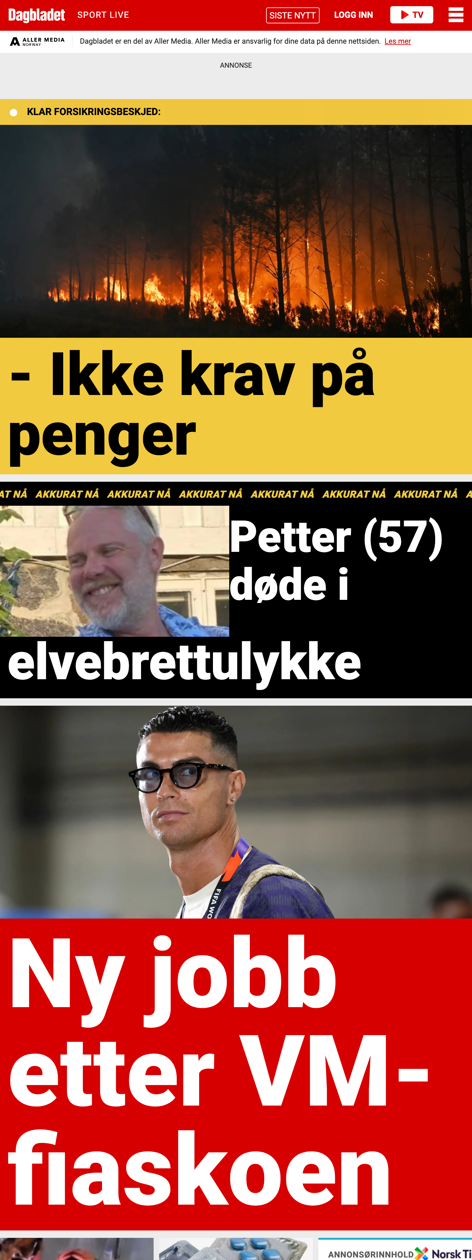 Screenshot of the Dagbladet front page