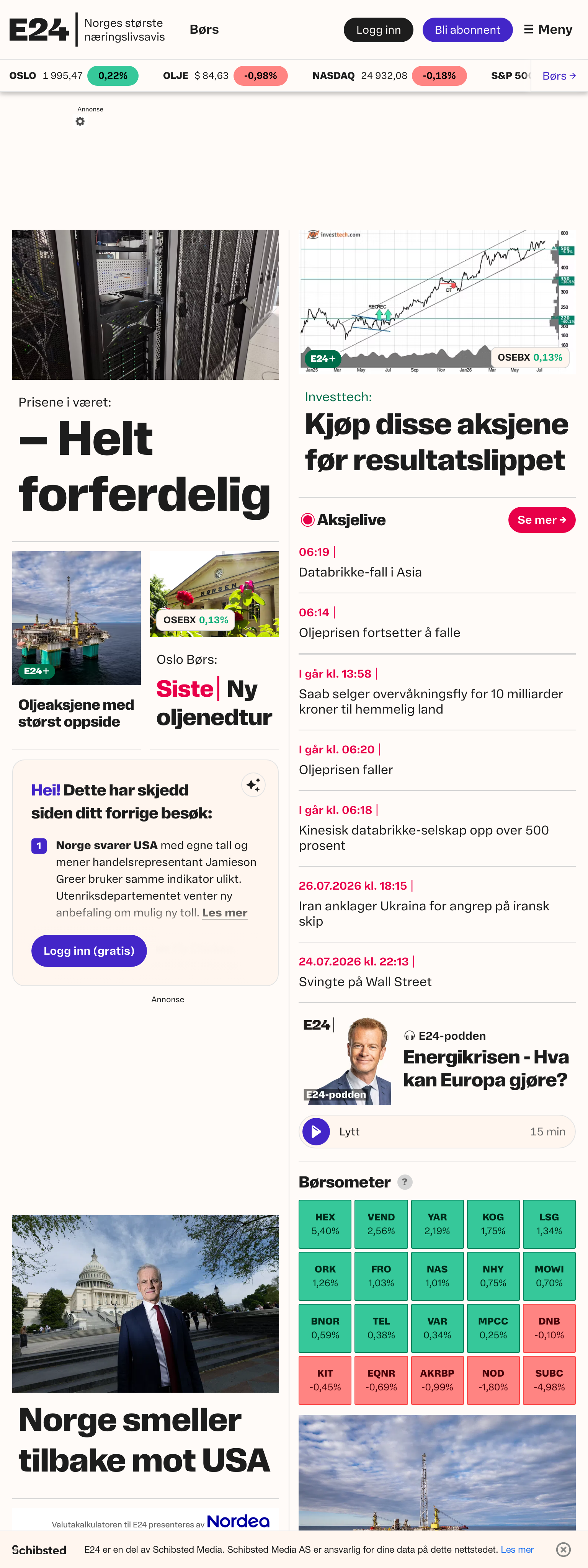 Screenshot of the E24 front page