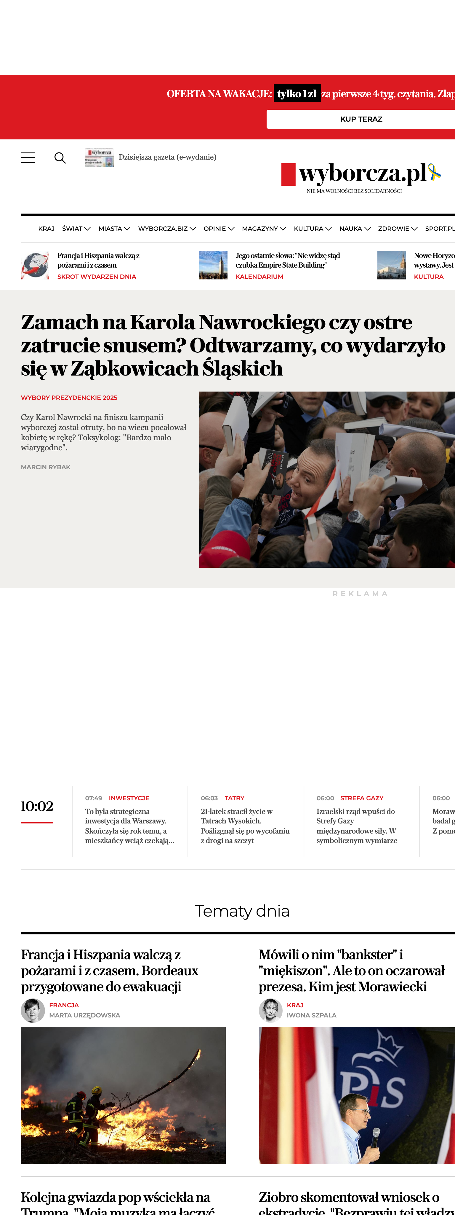Screenshot of the Wyborcza front page
