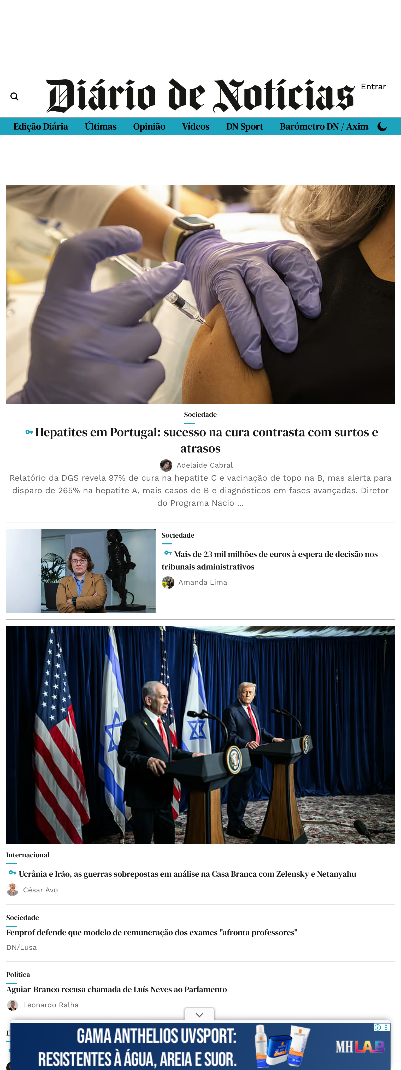 Screenshot of the Diário de Notícias front page