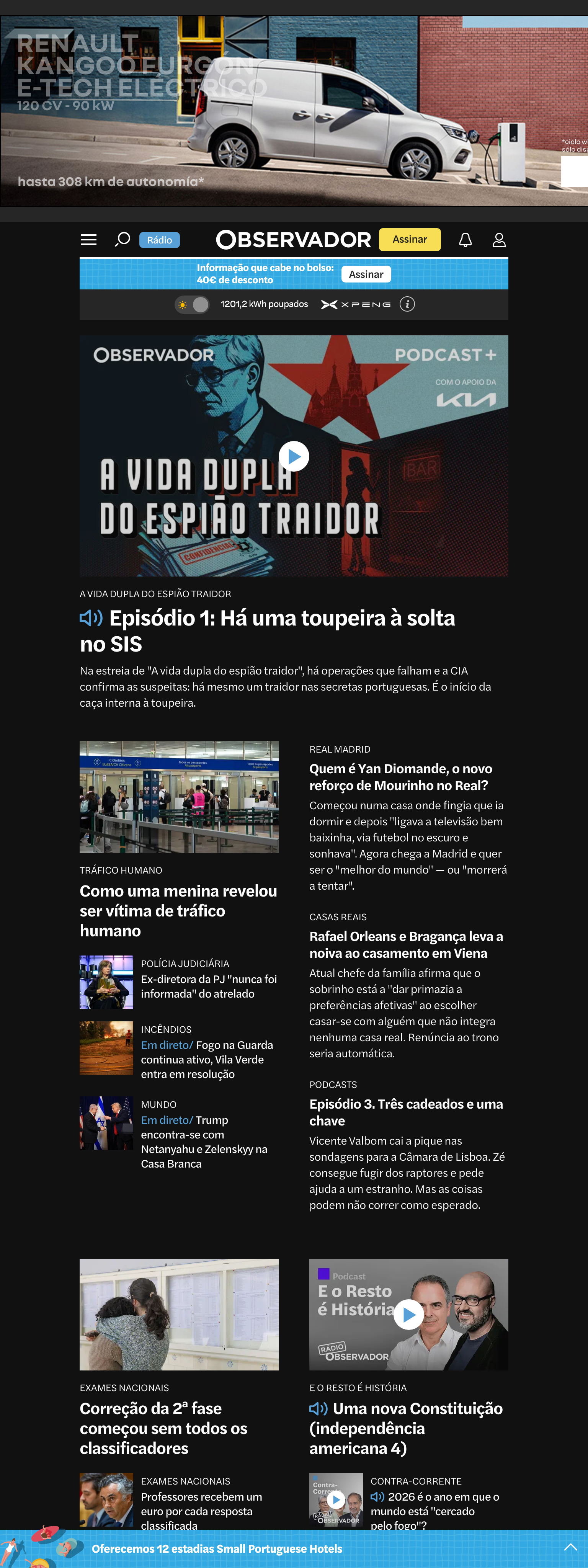 Screenshot of the Observador front page
