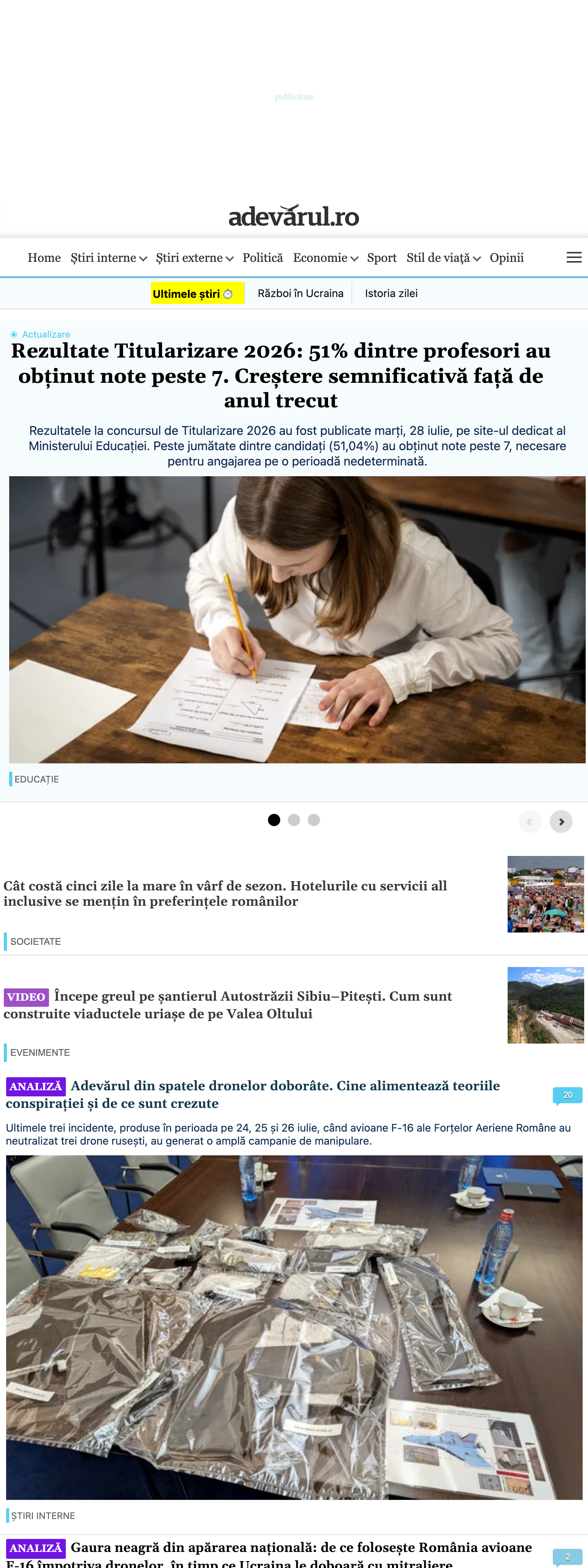 Screenshot of the Adevărul front page