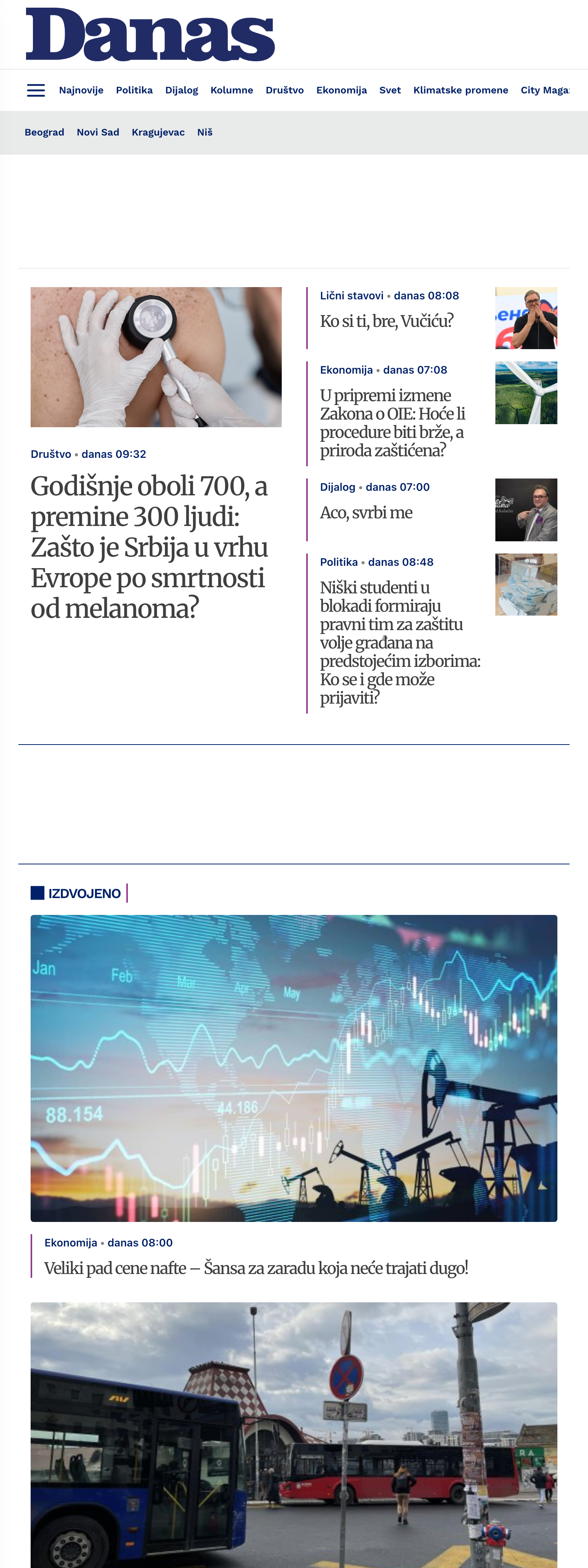 Screenshot of the Danas front page