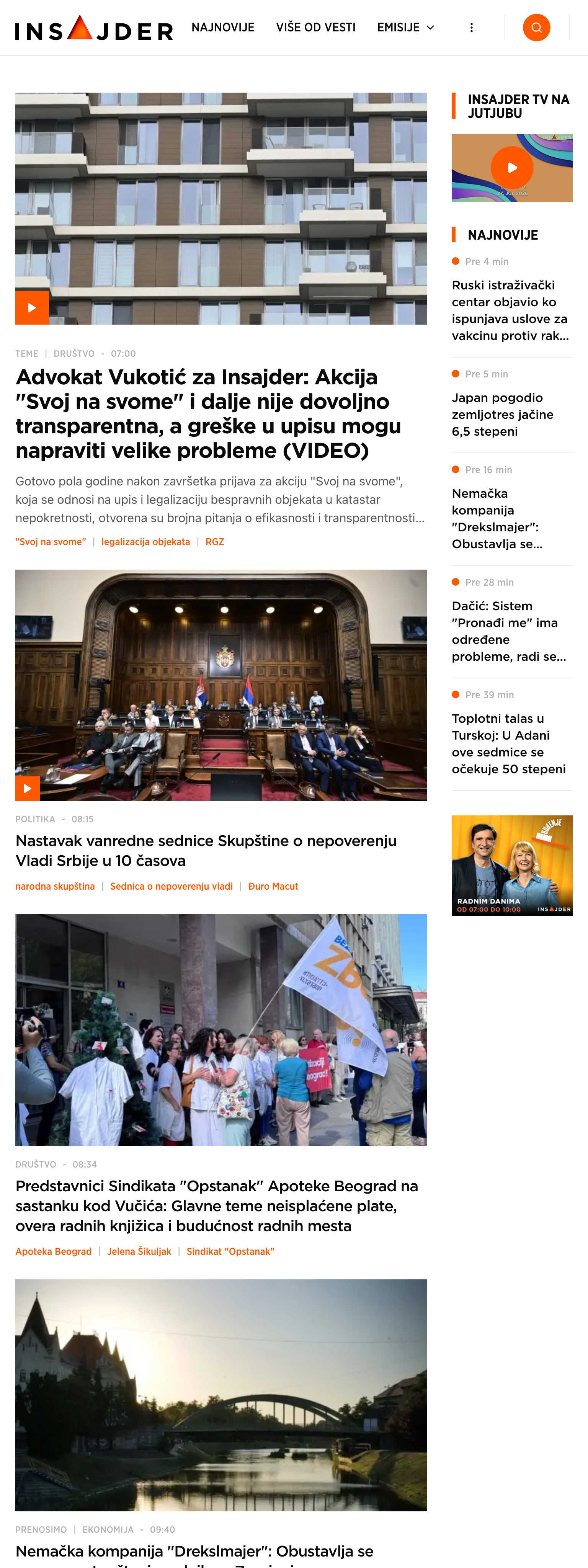 Screenshot of the Insajder front page