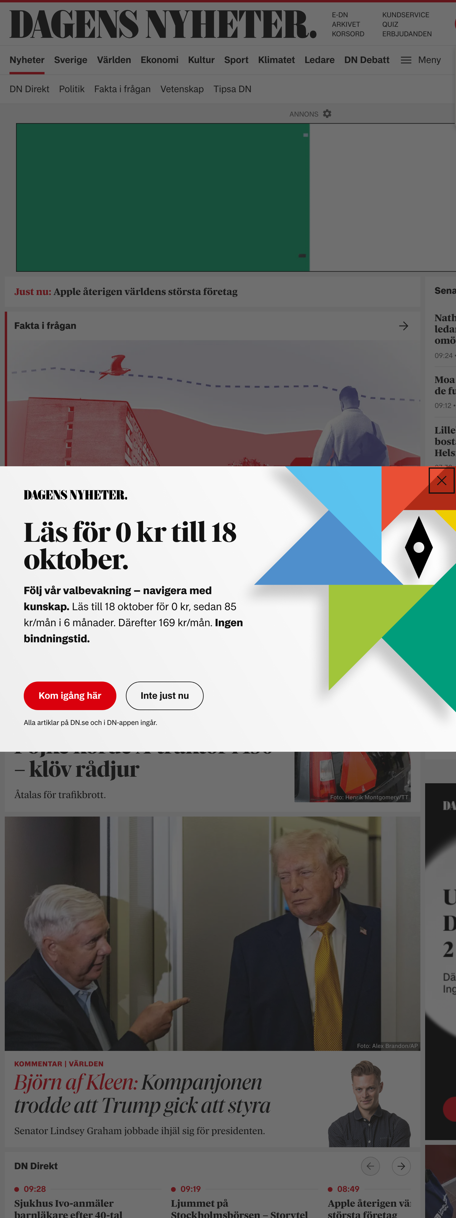 Screenshot of the Dagens Nyheter front page
