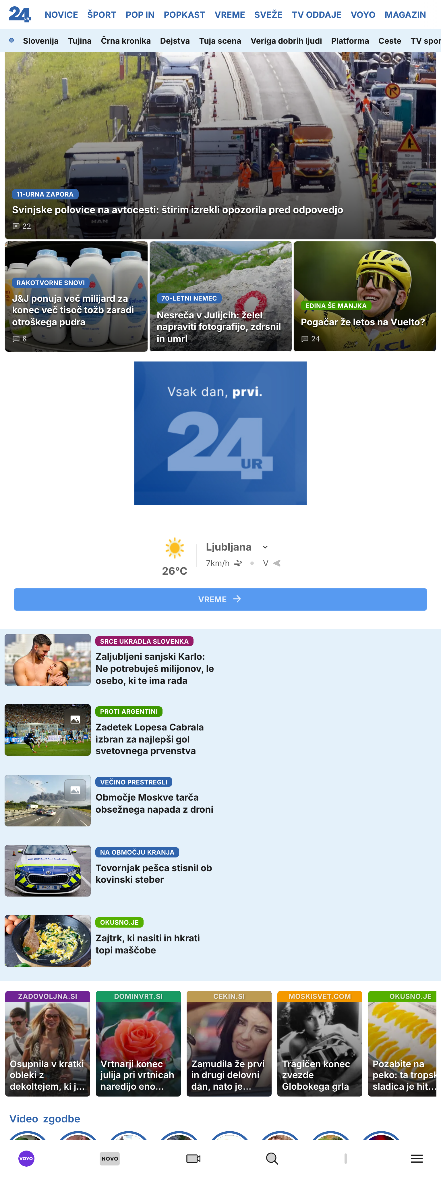 Screenshot of the 24ur front page