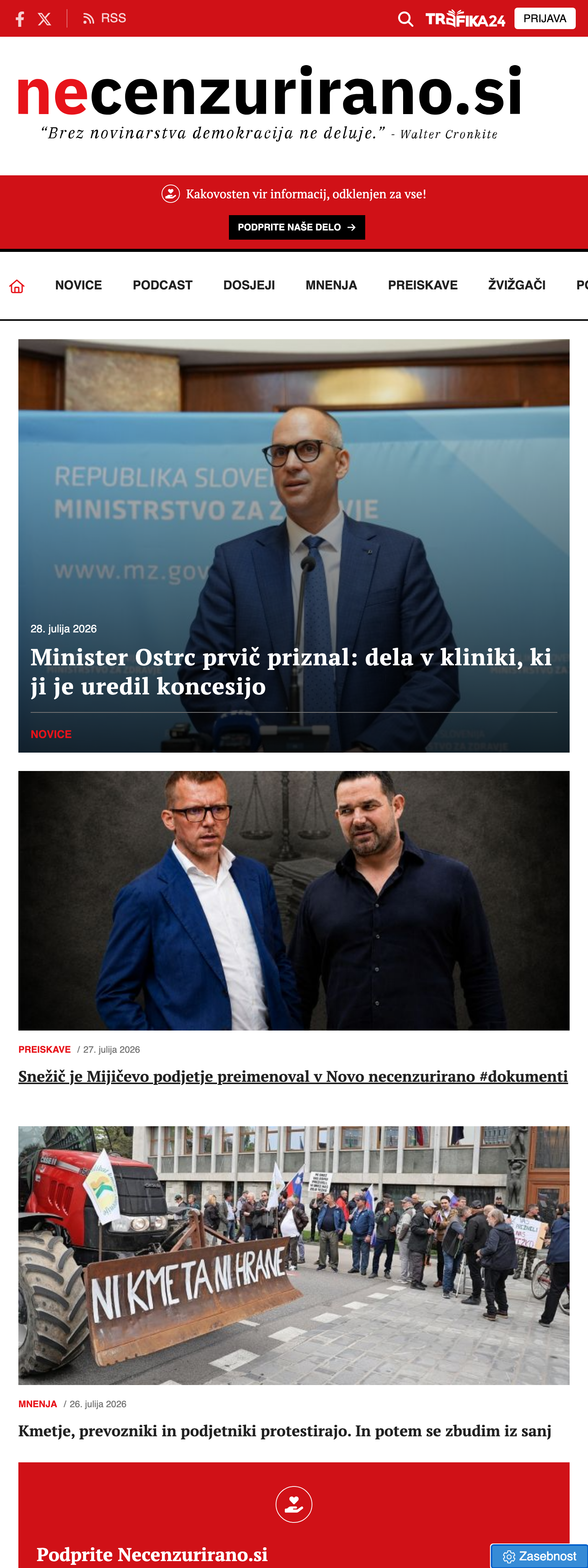 Screenshot of the Necenzurirano front page