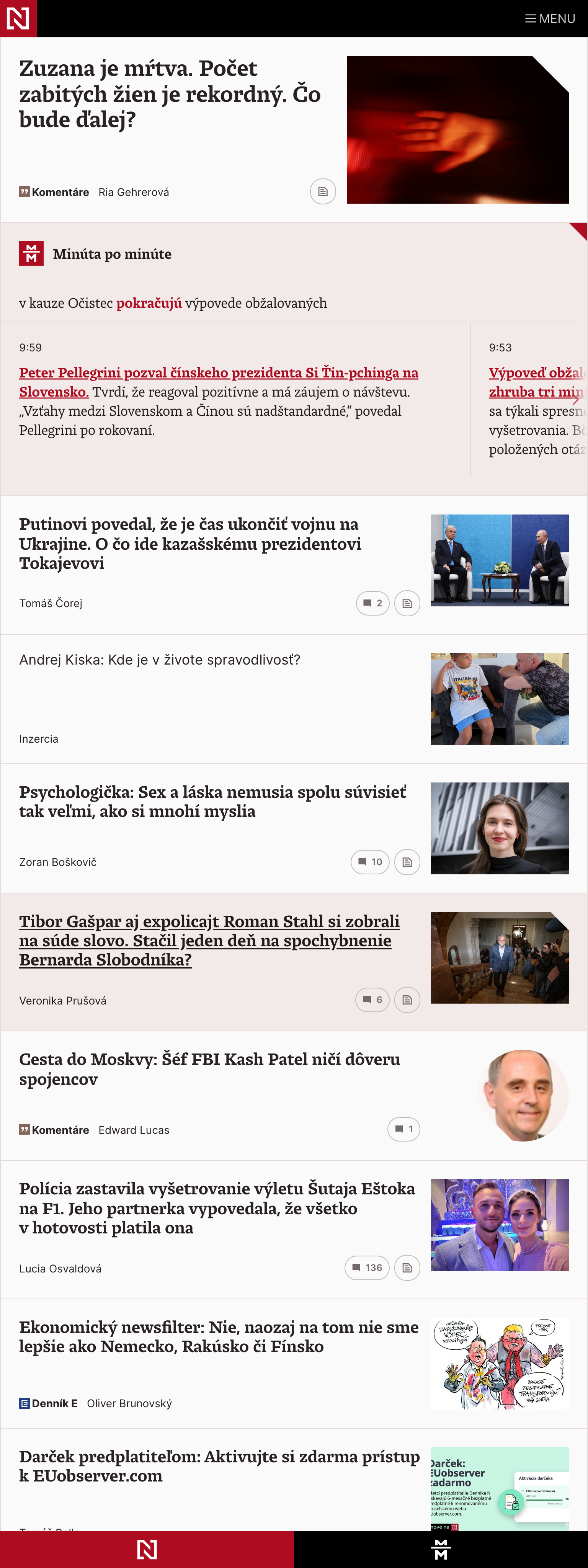 Screenshot of the Denník N front page