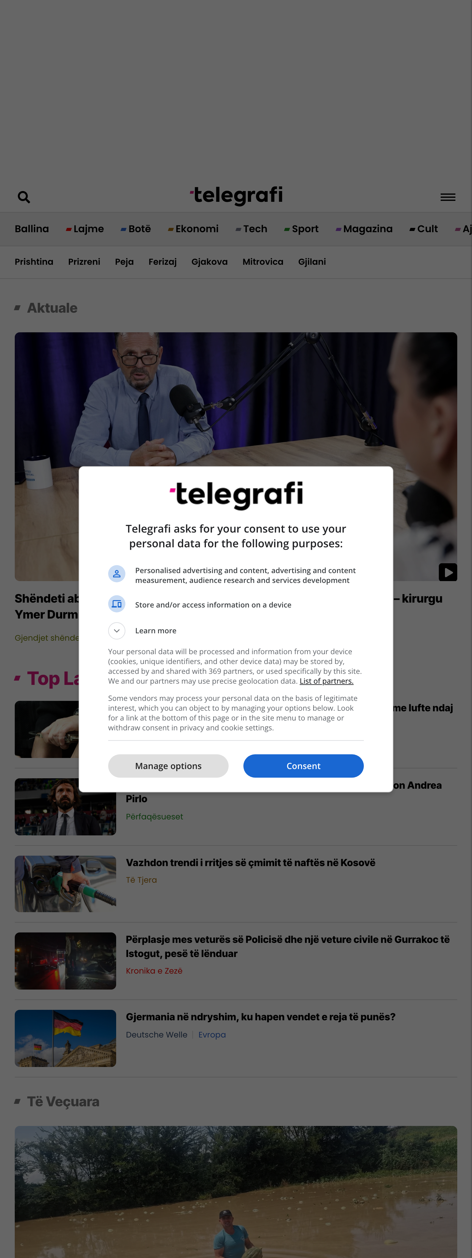Screenshot of the Telegrafi front page