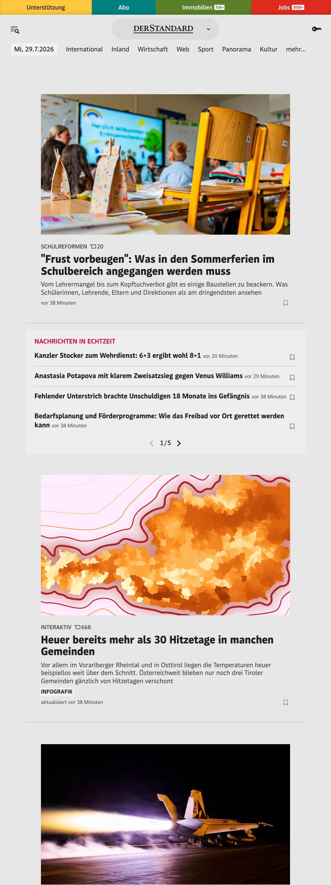 Screenshot of the DER STANDARD front page