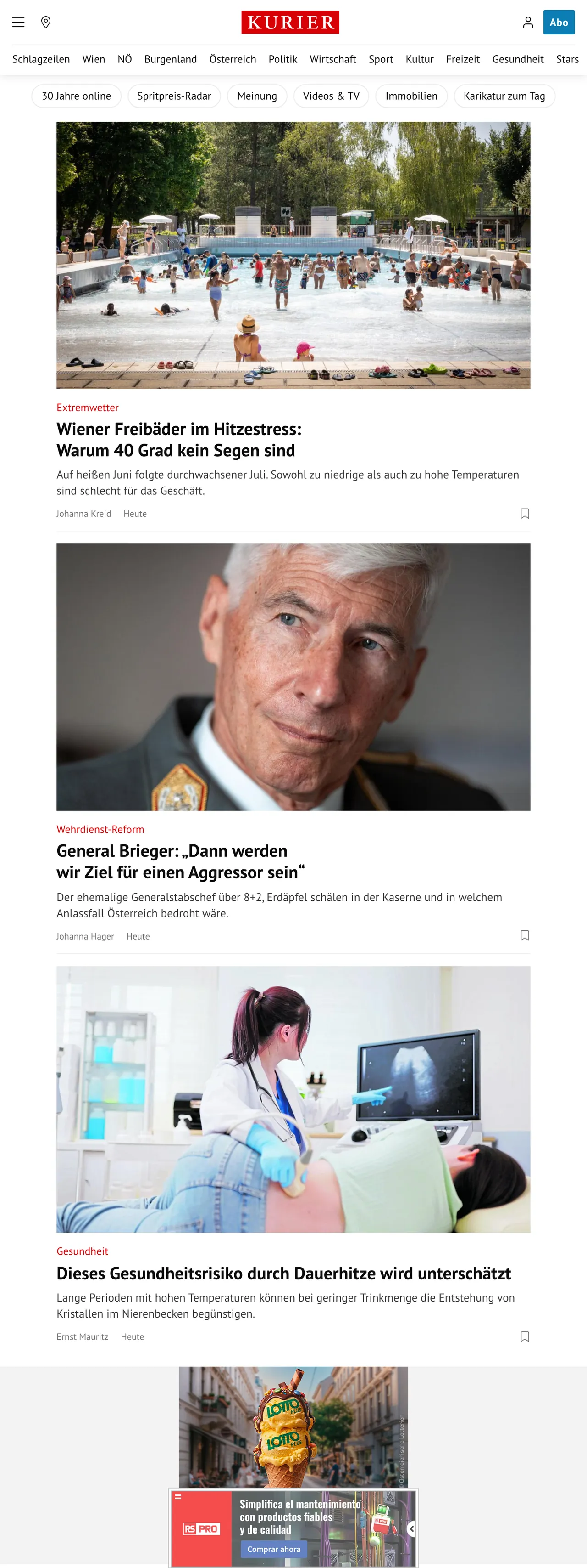 Screenshot of the Kurier front page