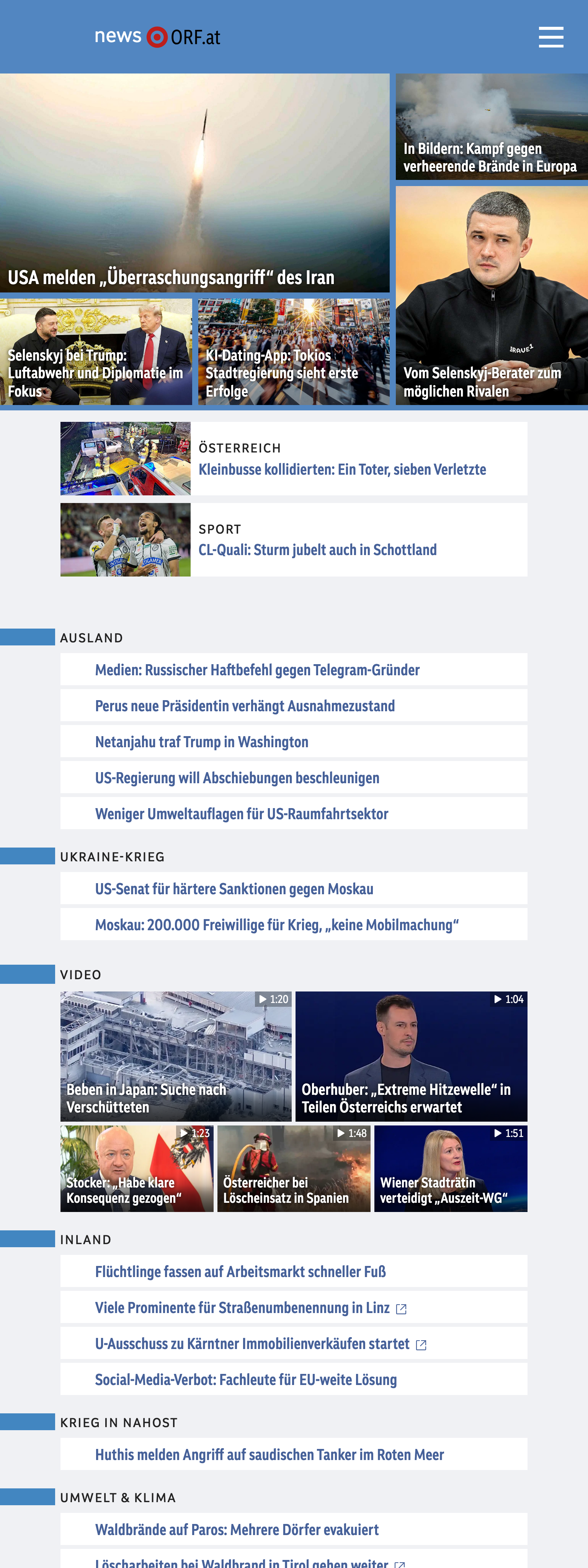 Screenshot of the ORF front page