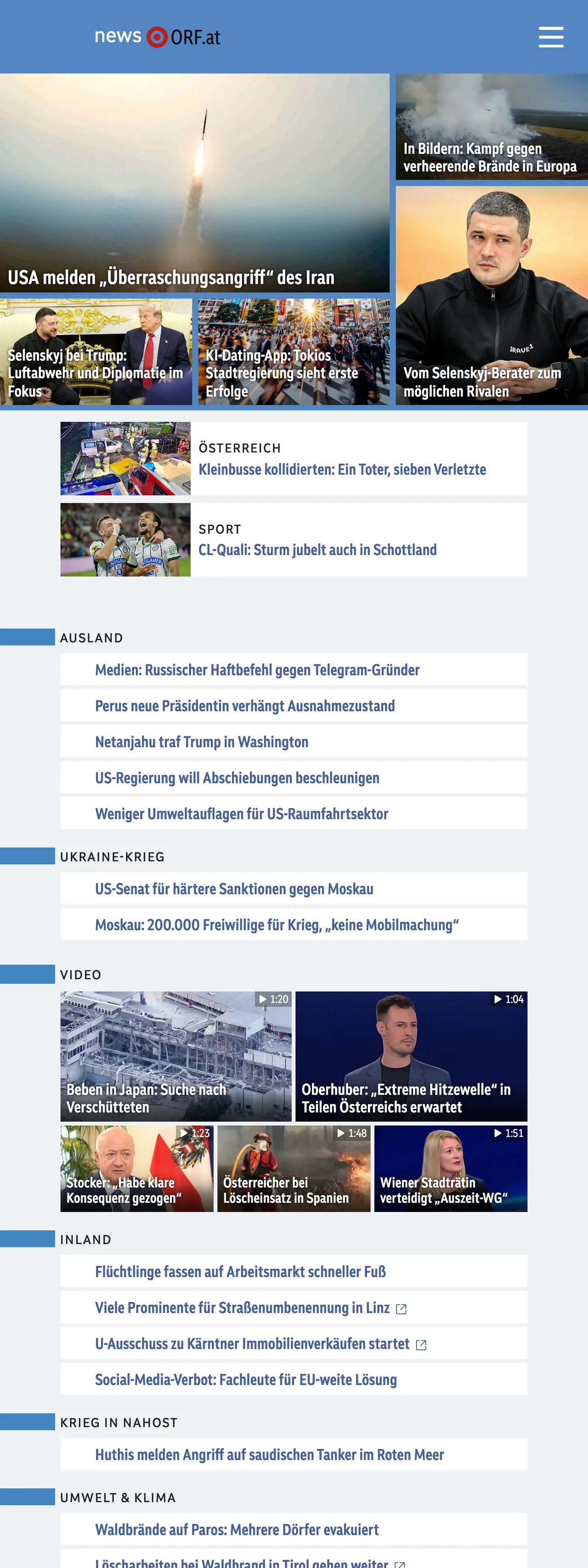 Screenshot of the ORF front page