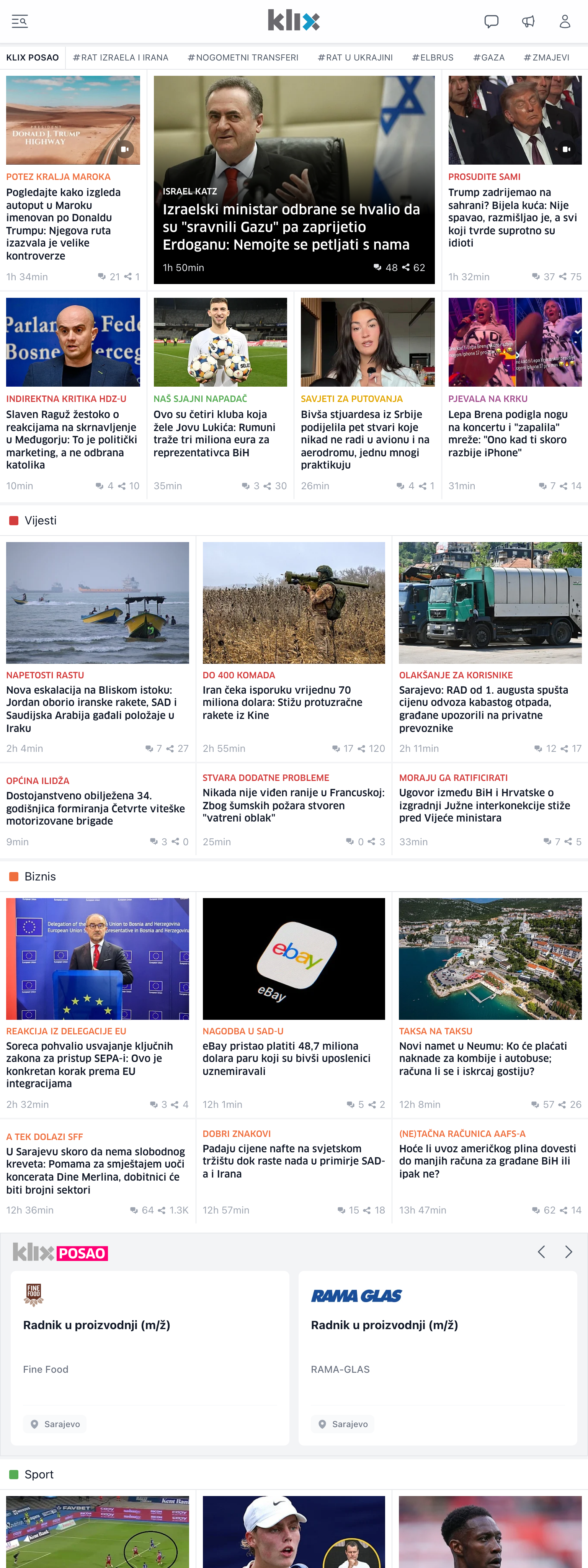 Screenshot of the Klix.ba front page
