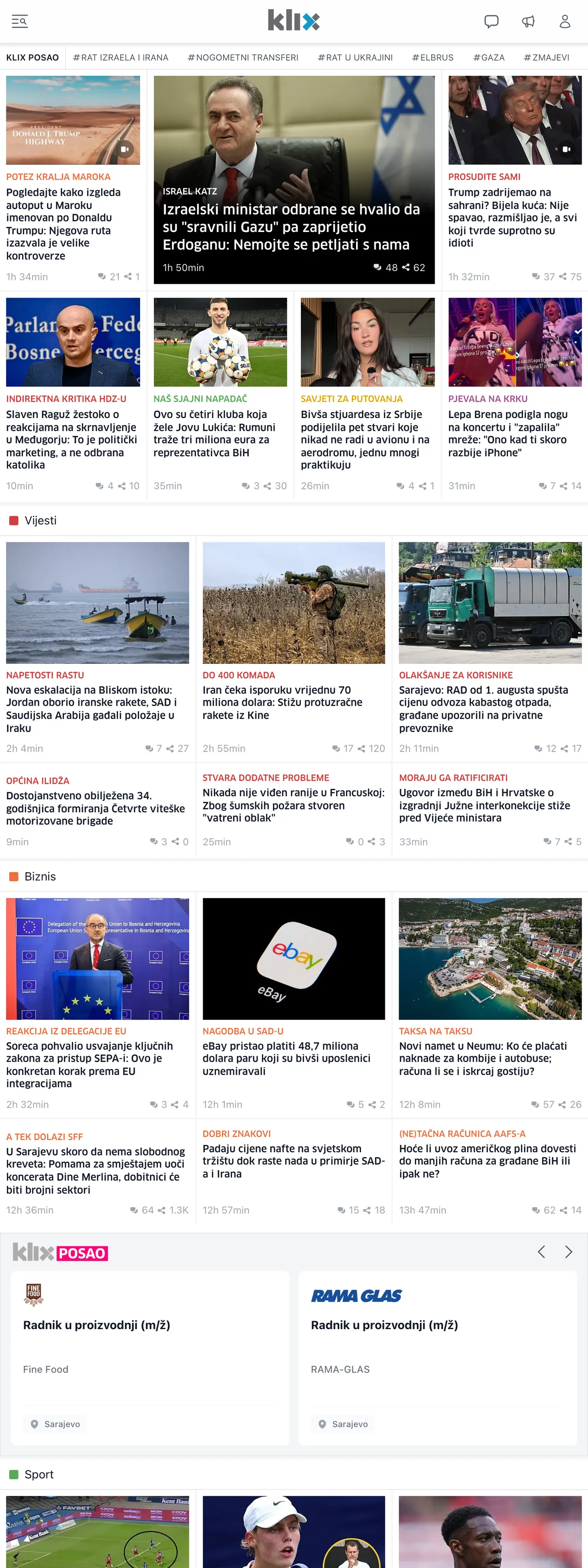 Screenshot of the Klix.ba front page