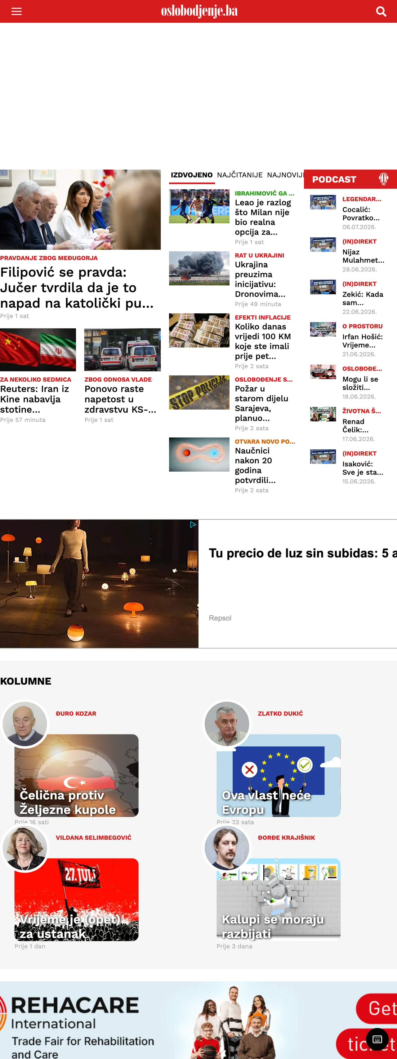Screenshot of the Oslobođenje front page
