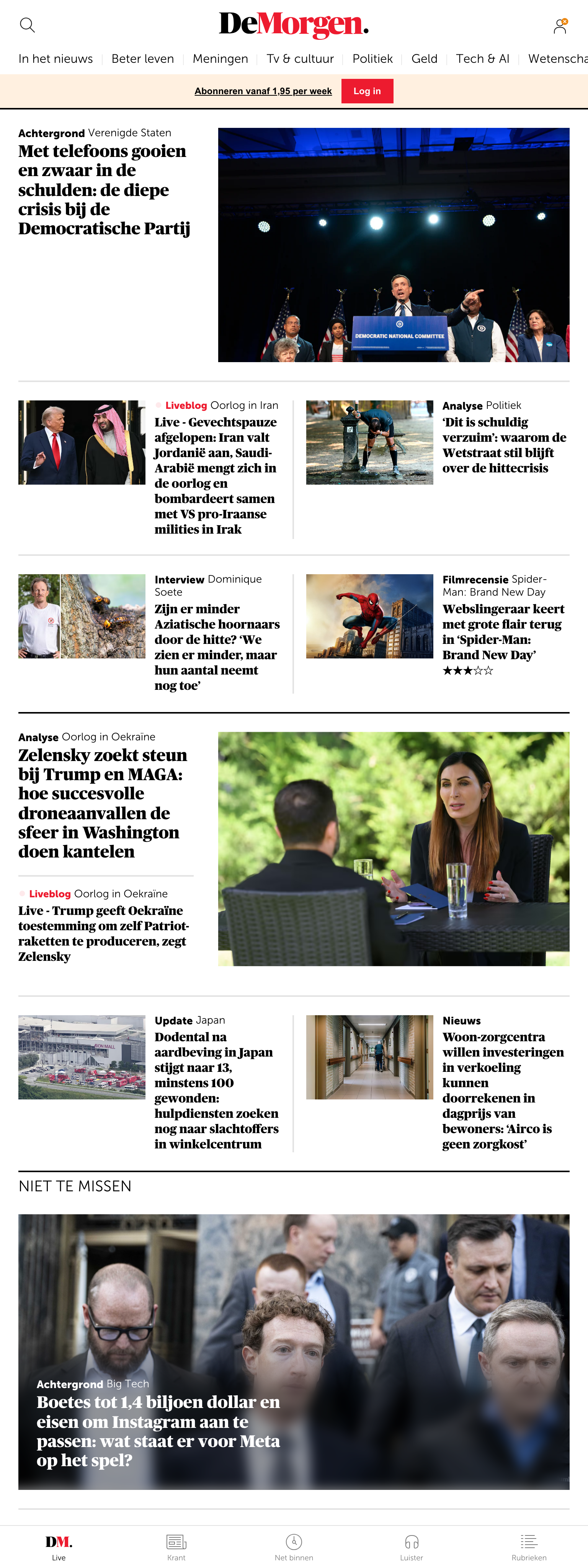 Screenshot of the De Morgen front page