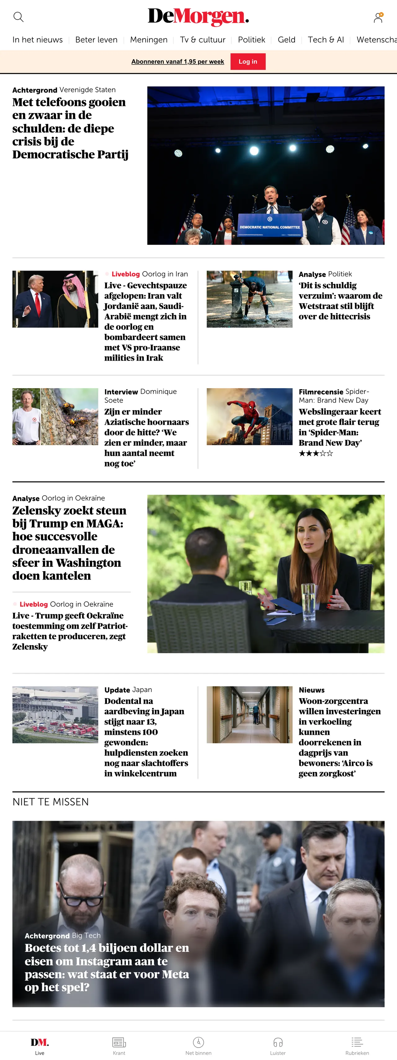Screenshot of the De Morgen front page