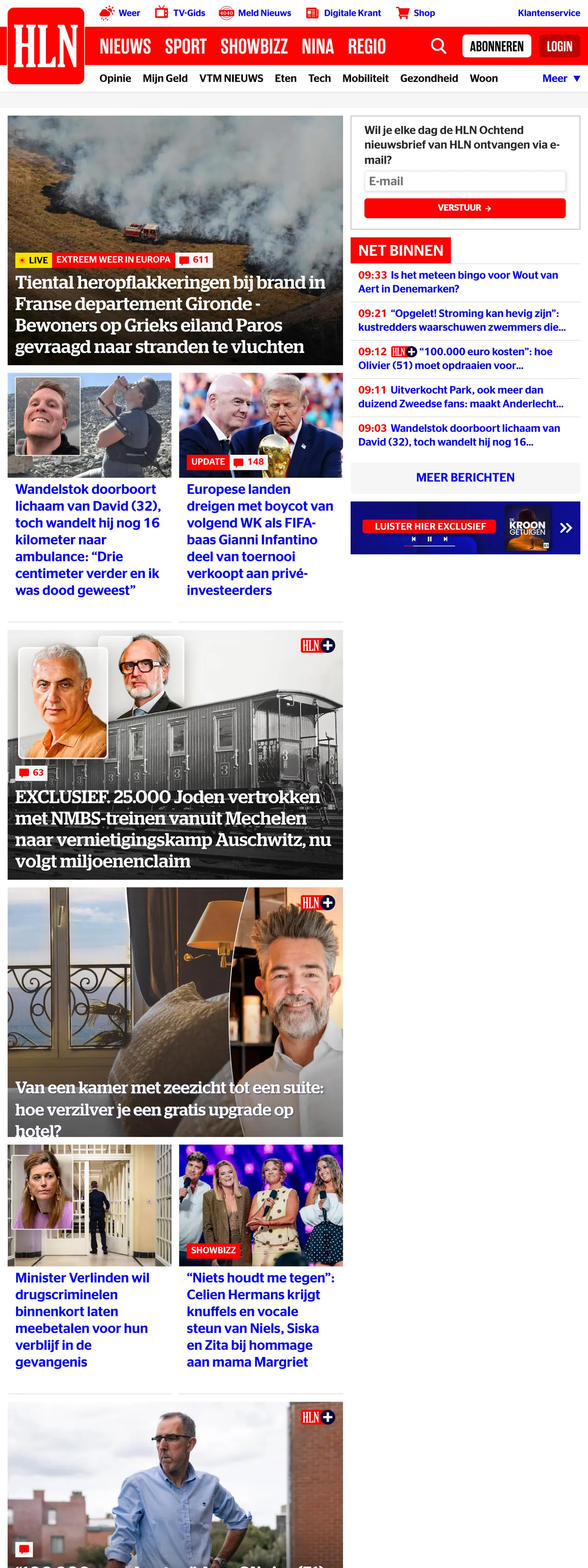 Screenshot of the HLN front page