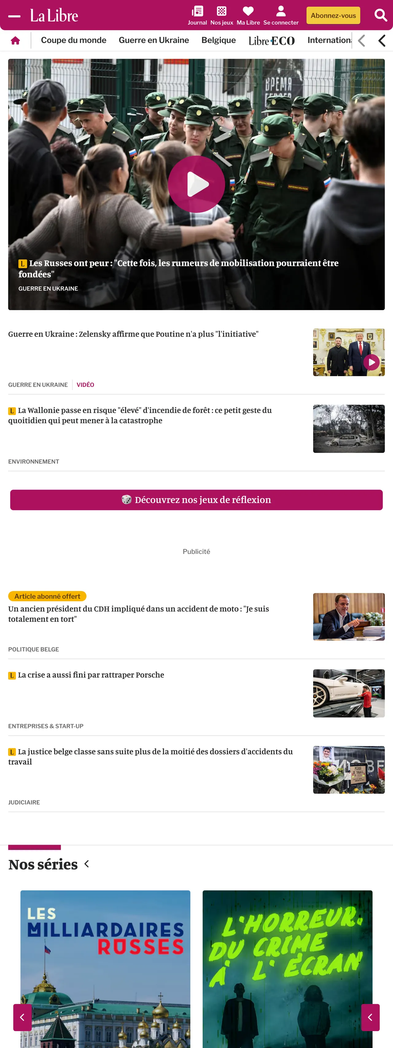Screenshot of the La Libre front page
