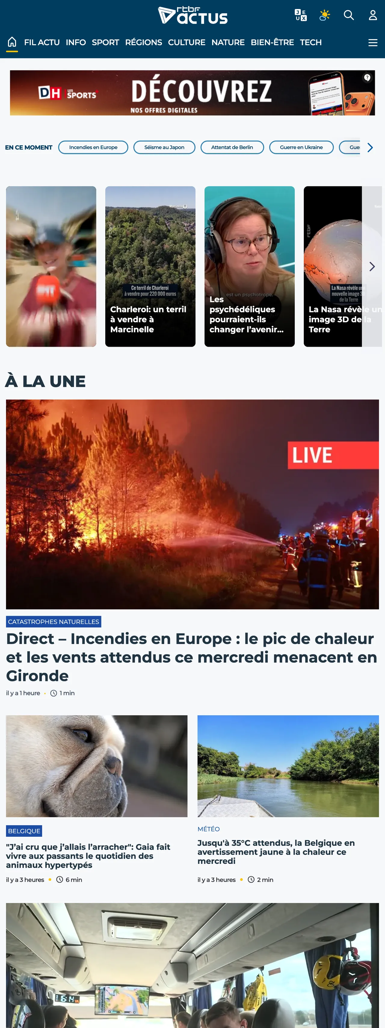 Screenshot of the RTBF front page