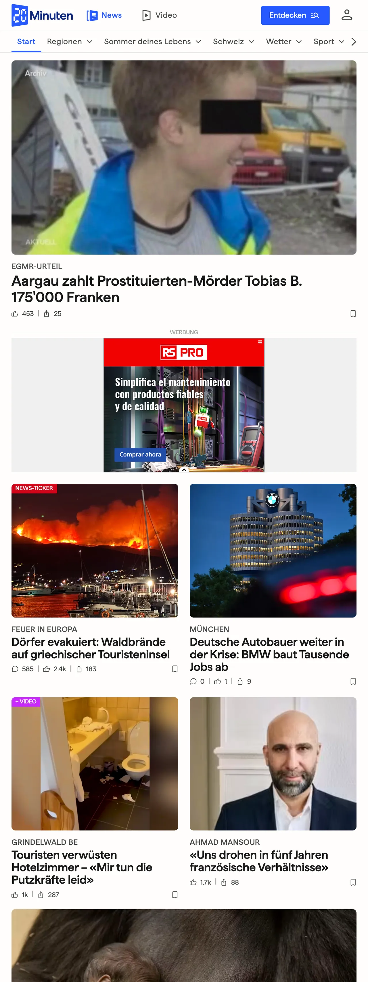 Screenshot of the 20 Minuten front page