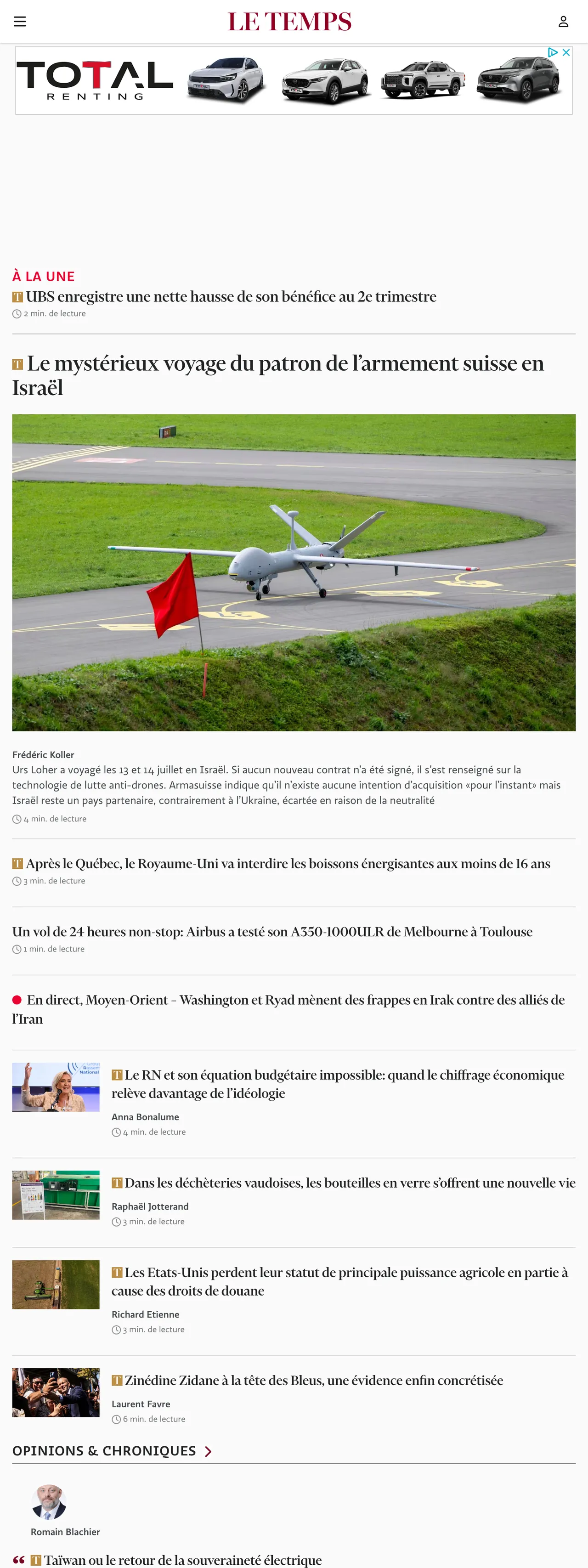 Screenshot of the Le Temps front page