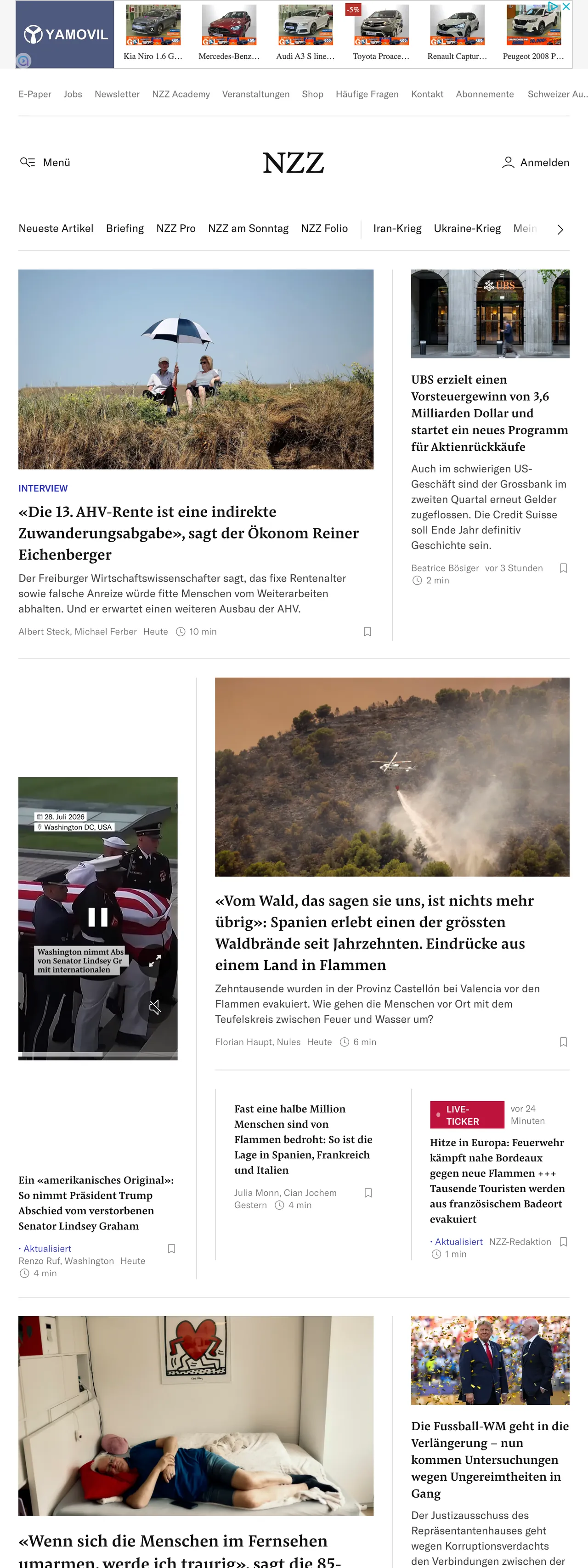 Screenshot of the Neue Zürcher Zeitung front page