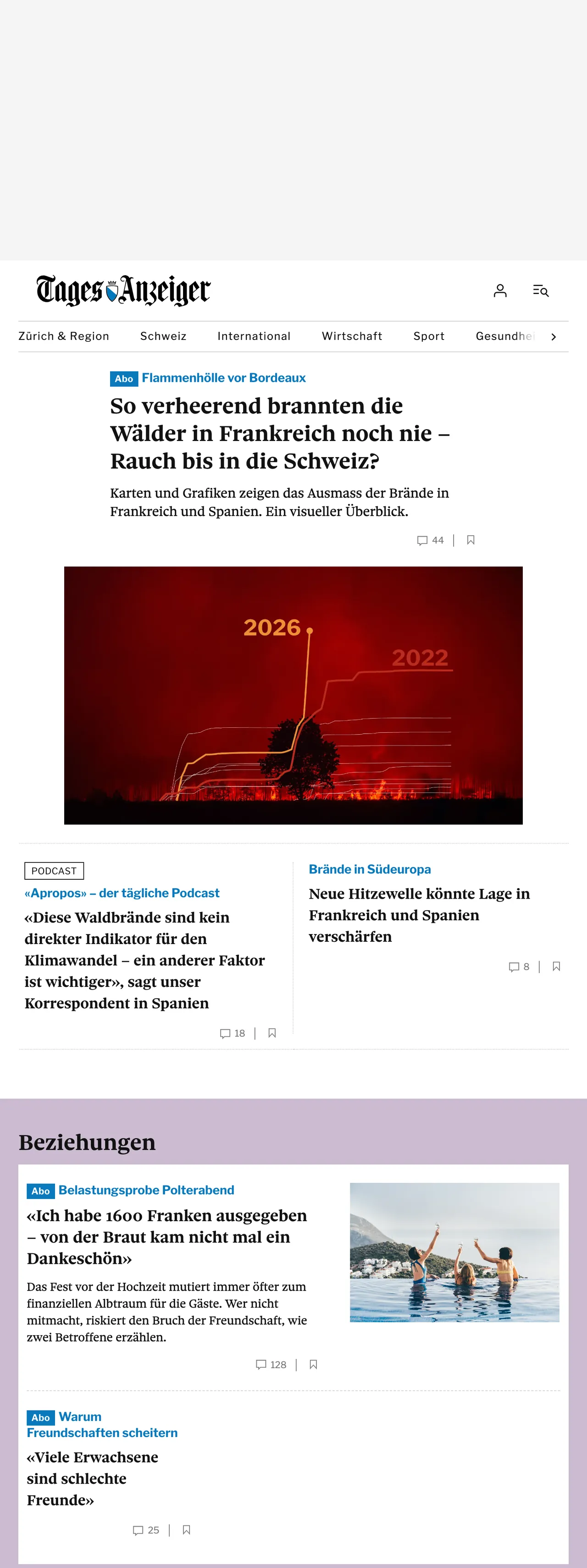 Screenshot of the Tages-Anzeiger front page