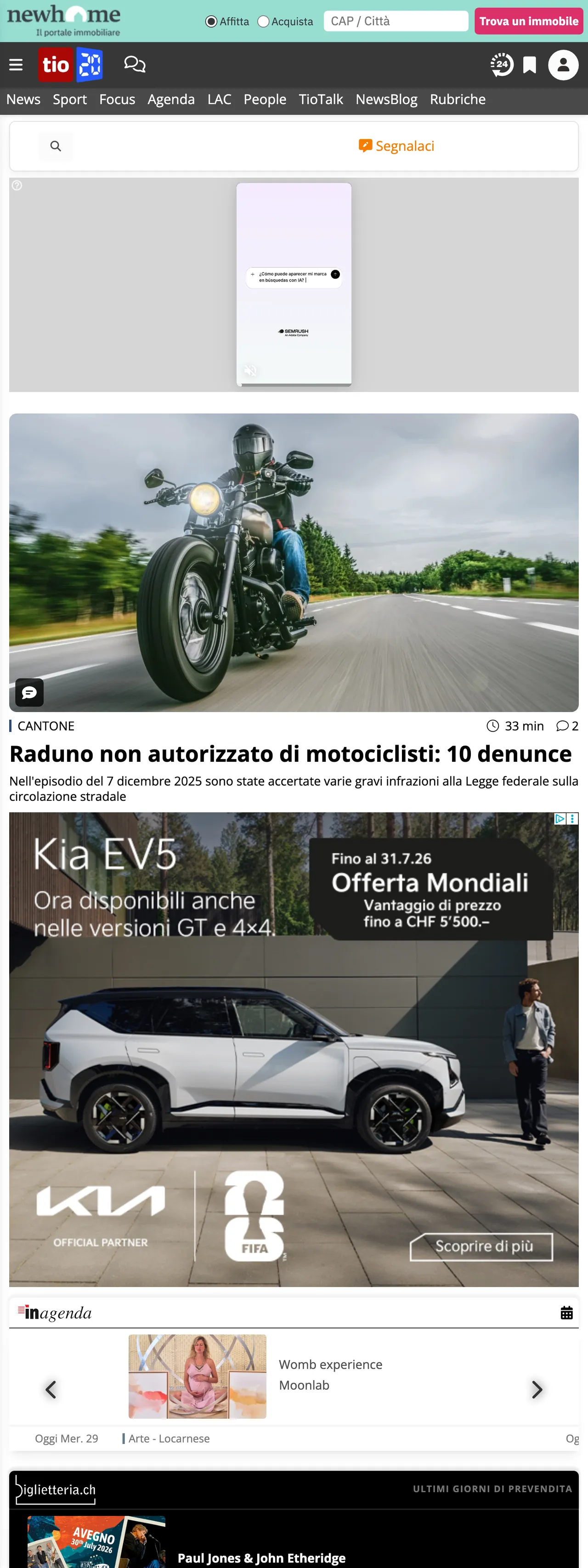 Screenshot of the Ticinonline front page