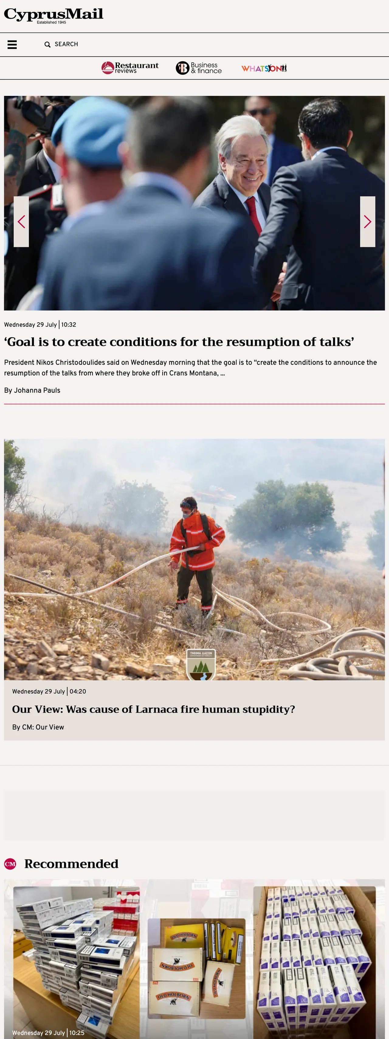 Screenshot of the Cyprus Mail front page