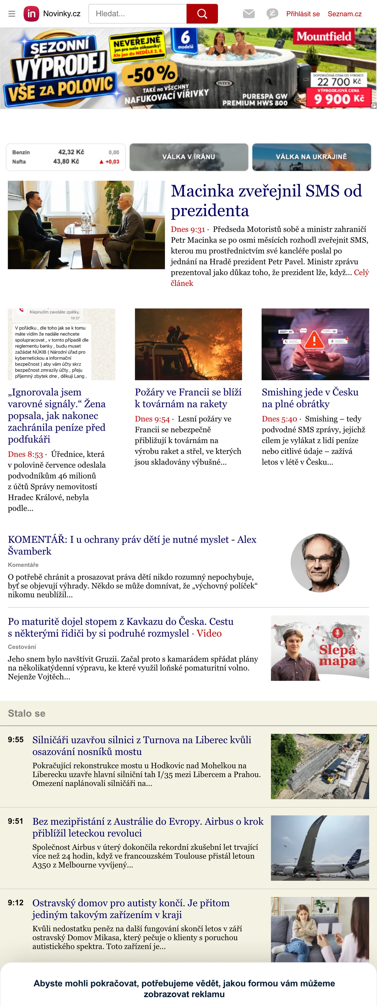 Screenshot of the Novinky.cz front page