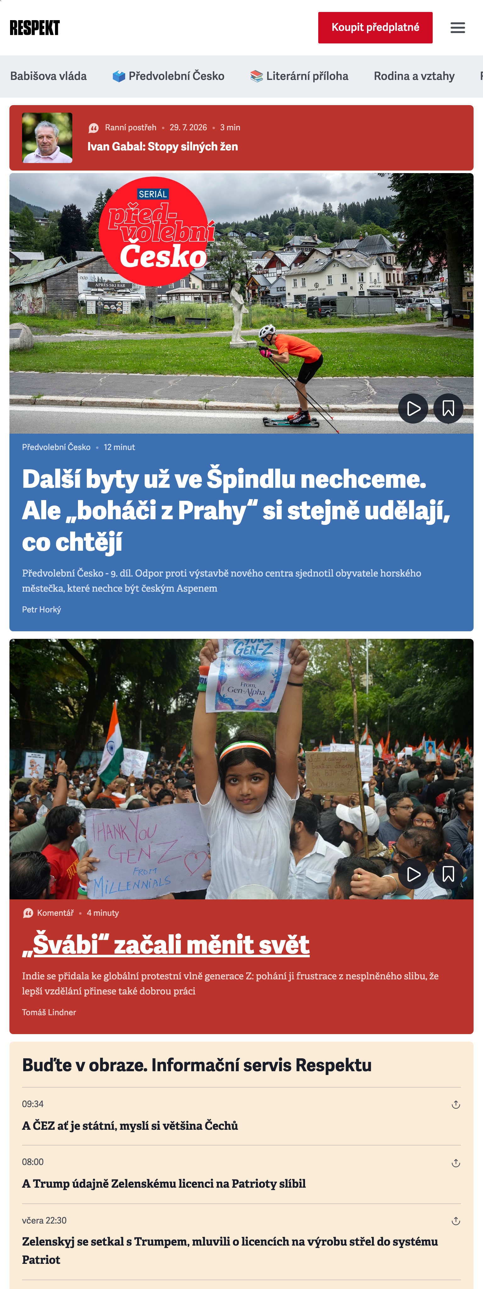 Screenshot of the Respekt front page
