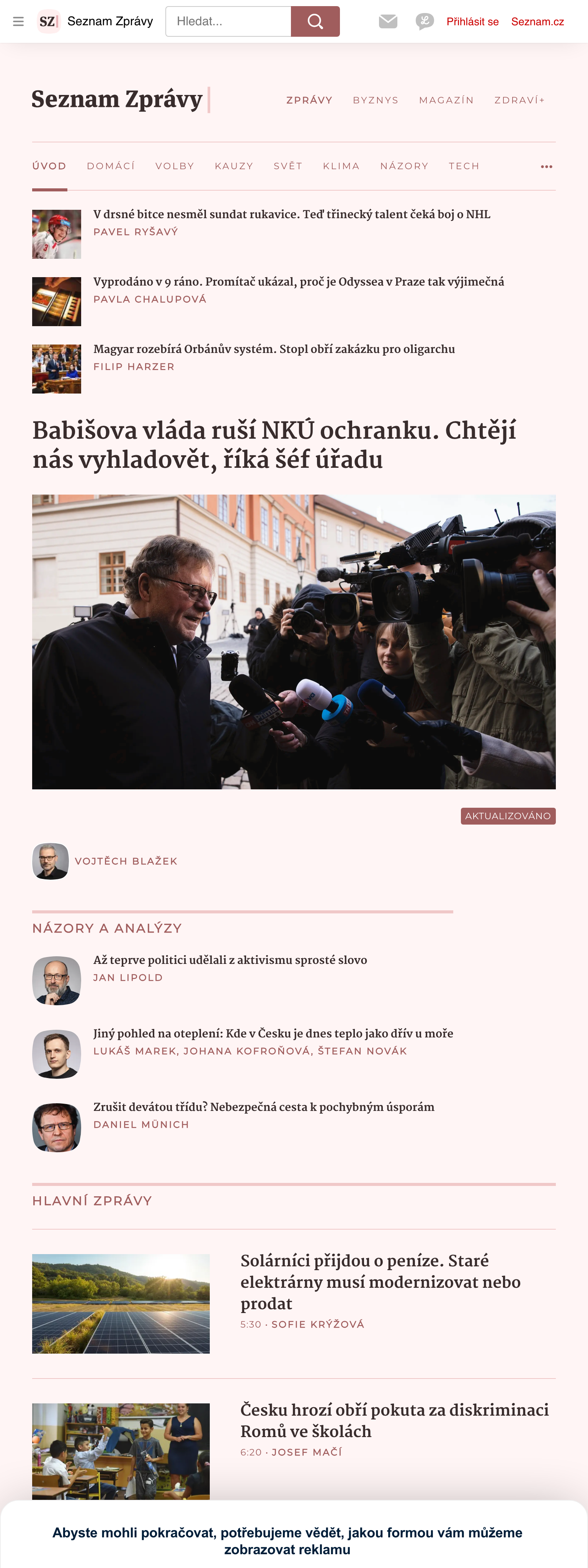 Screenshot of the Seznam Zprávy front page