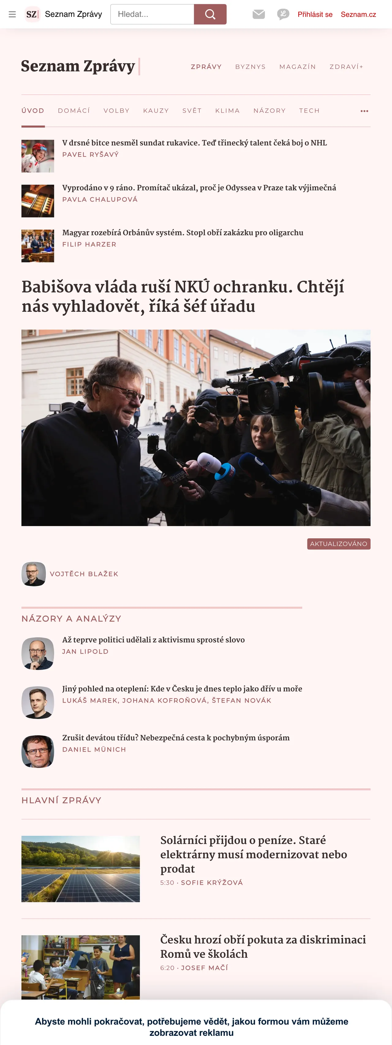 Screenshot of the Seznam Zprávy front page