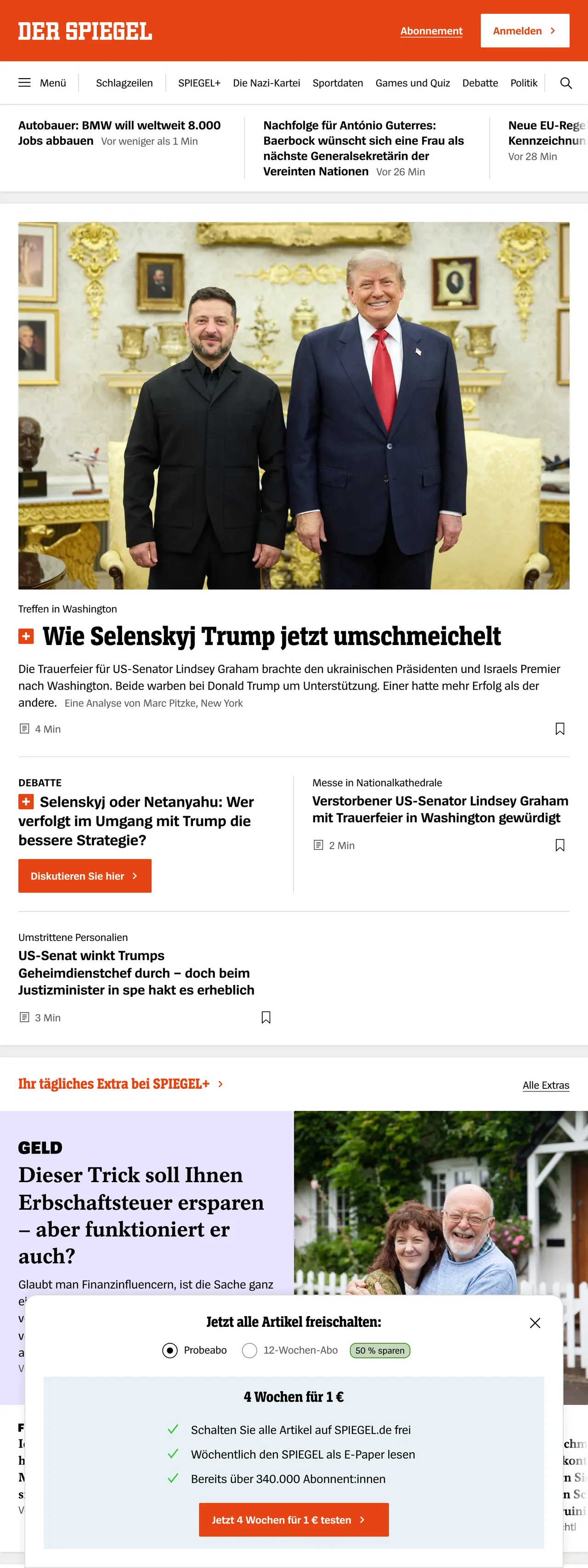 Screenshot of the DER SPIEGEL front page