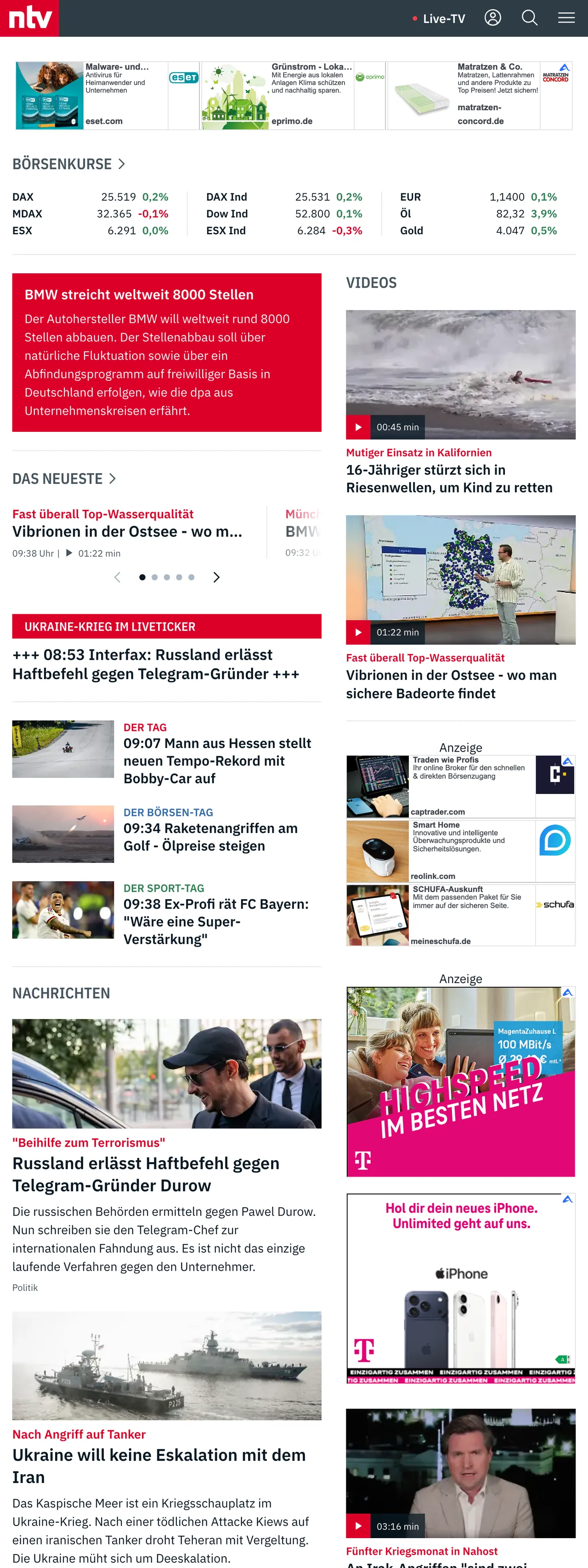 Screenshot of the n-tv front page
