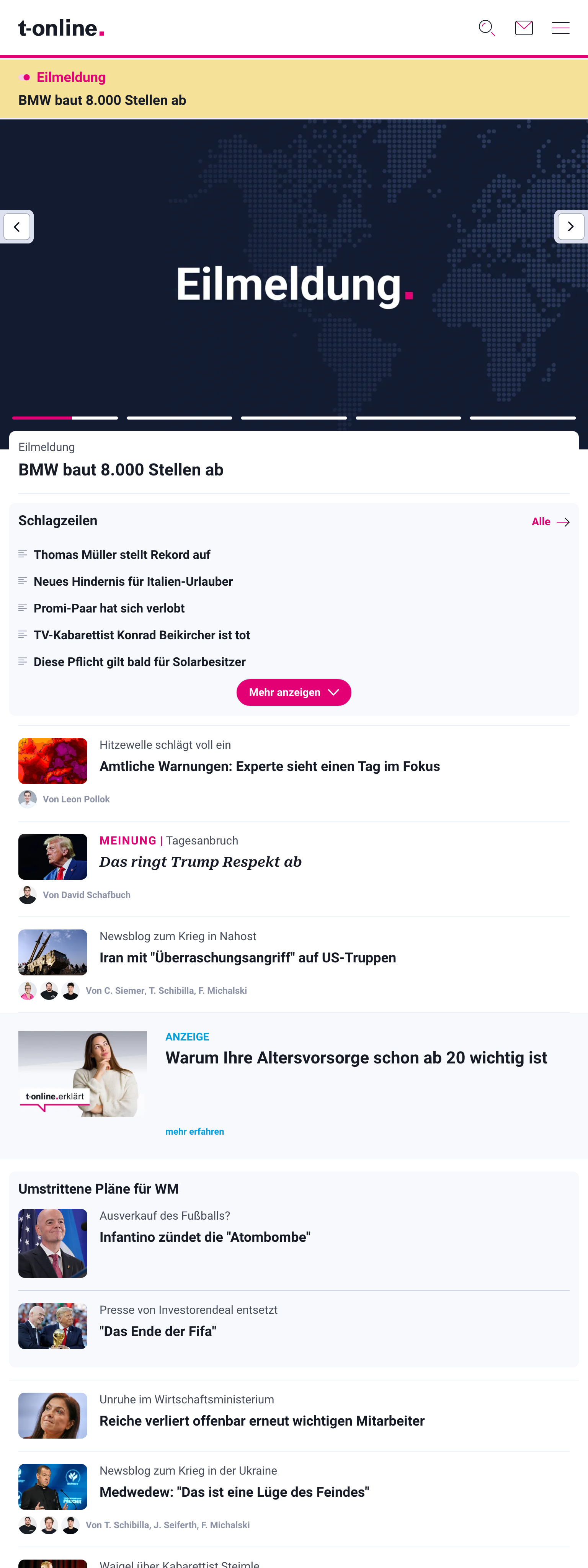 Screenshot of the t-online front page