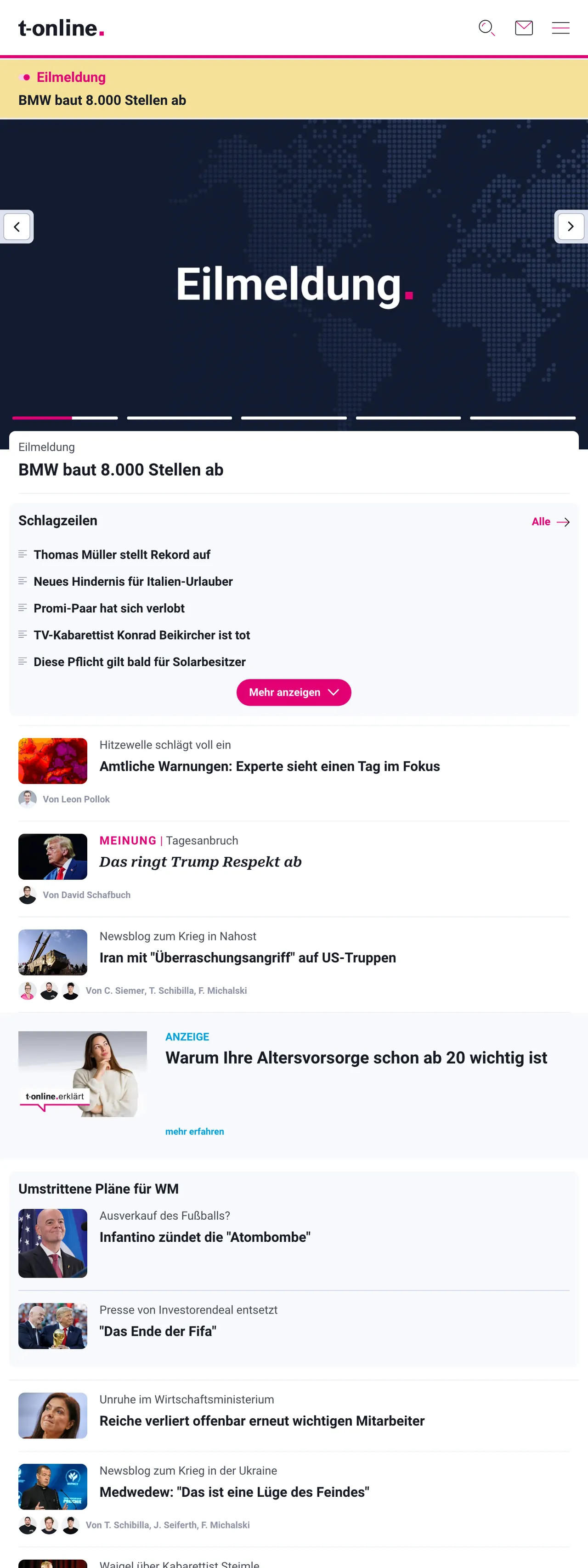 Screenshot of the t-online front page