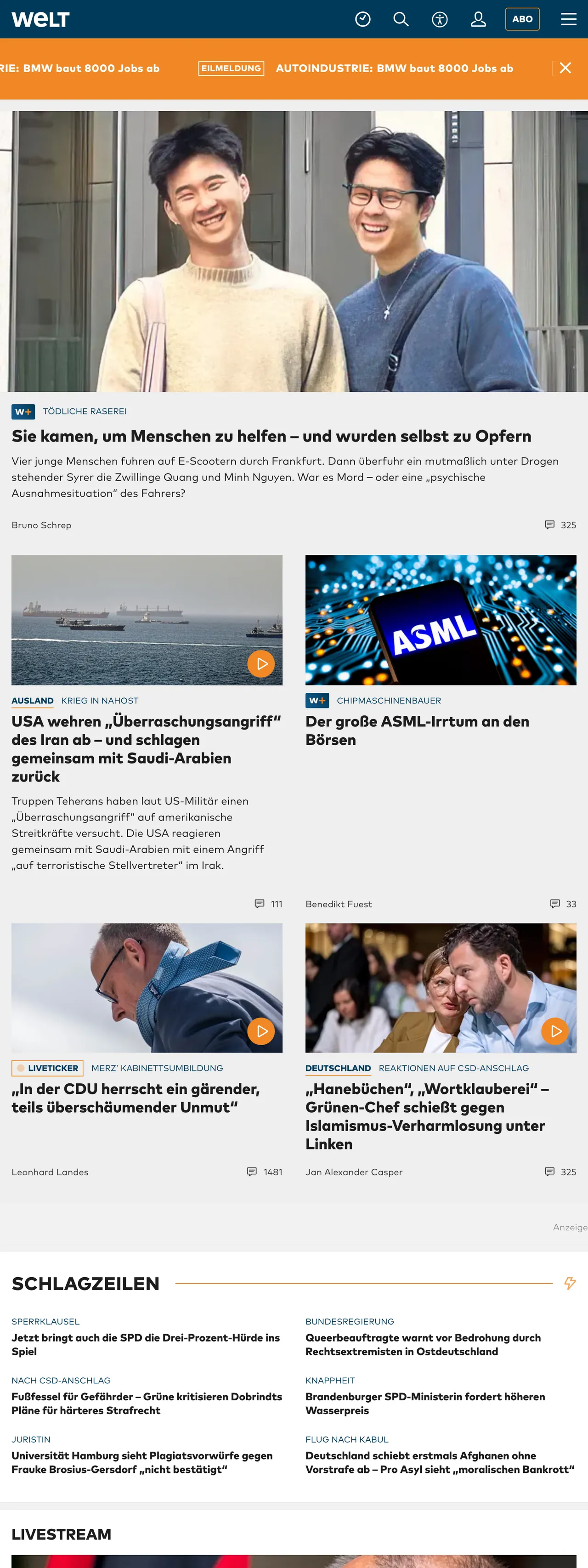 Screenshot of the WELT front page