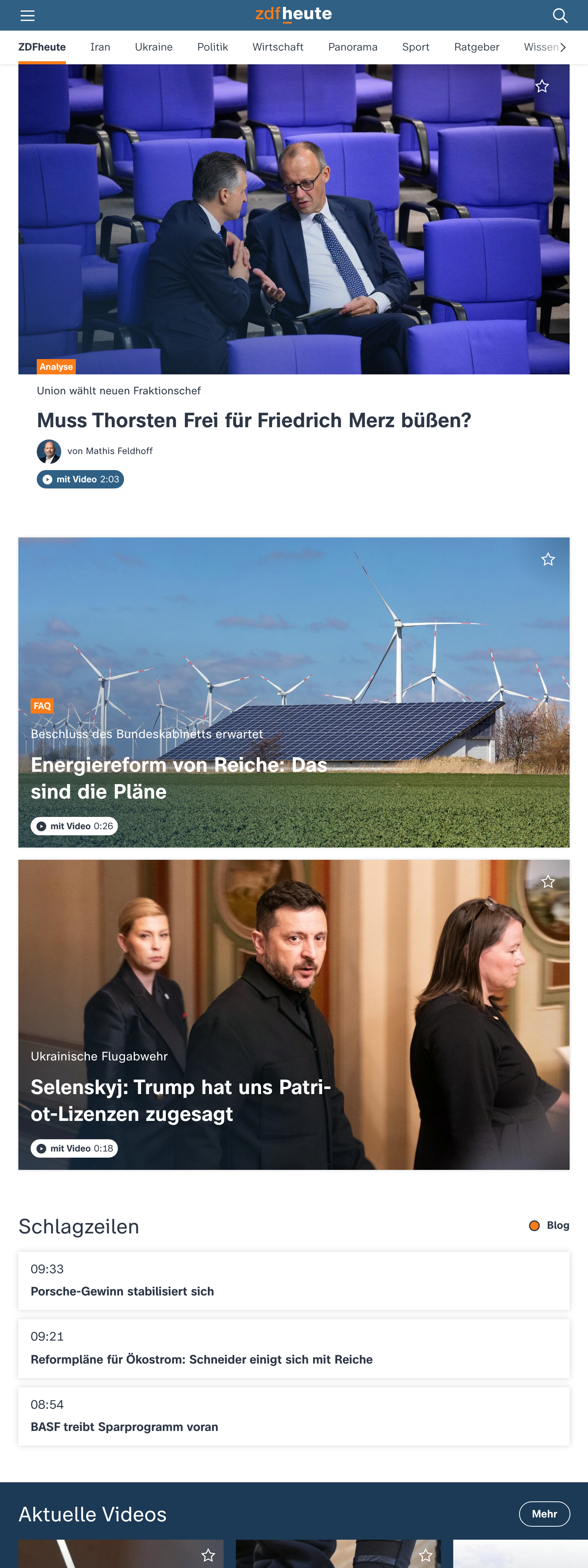 Screenshot of the ZDFheute front page