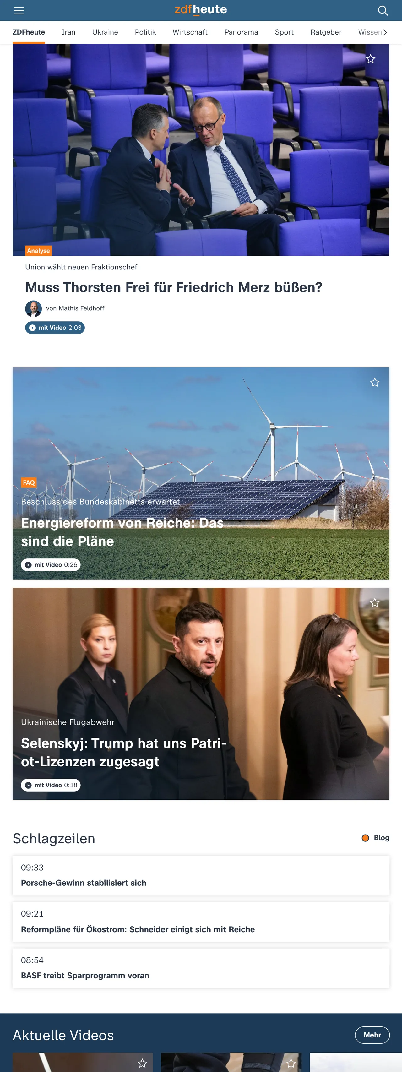 Screenshot of the ZDFheute front page