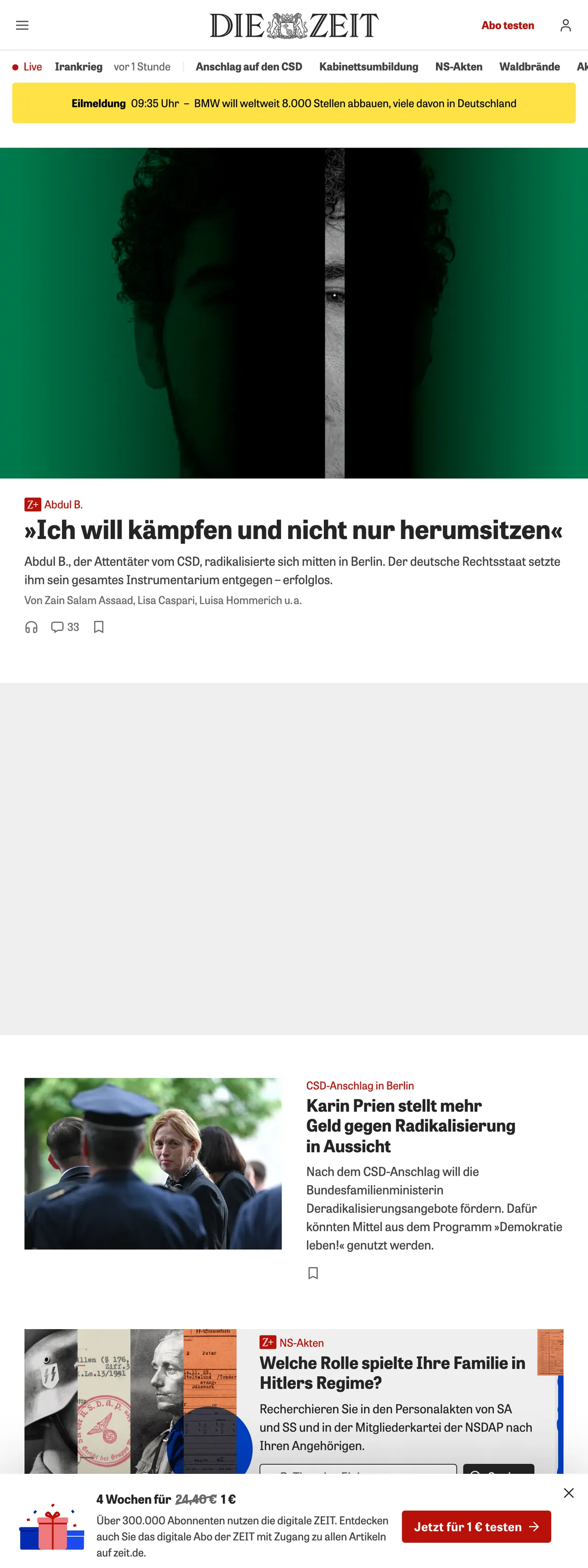 Screenshot of the ZEIT ONLINE front page