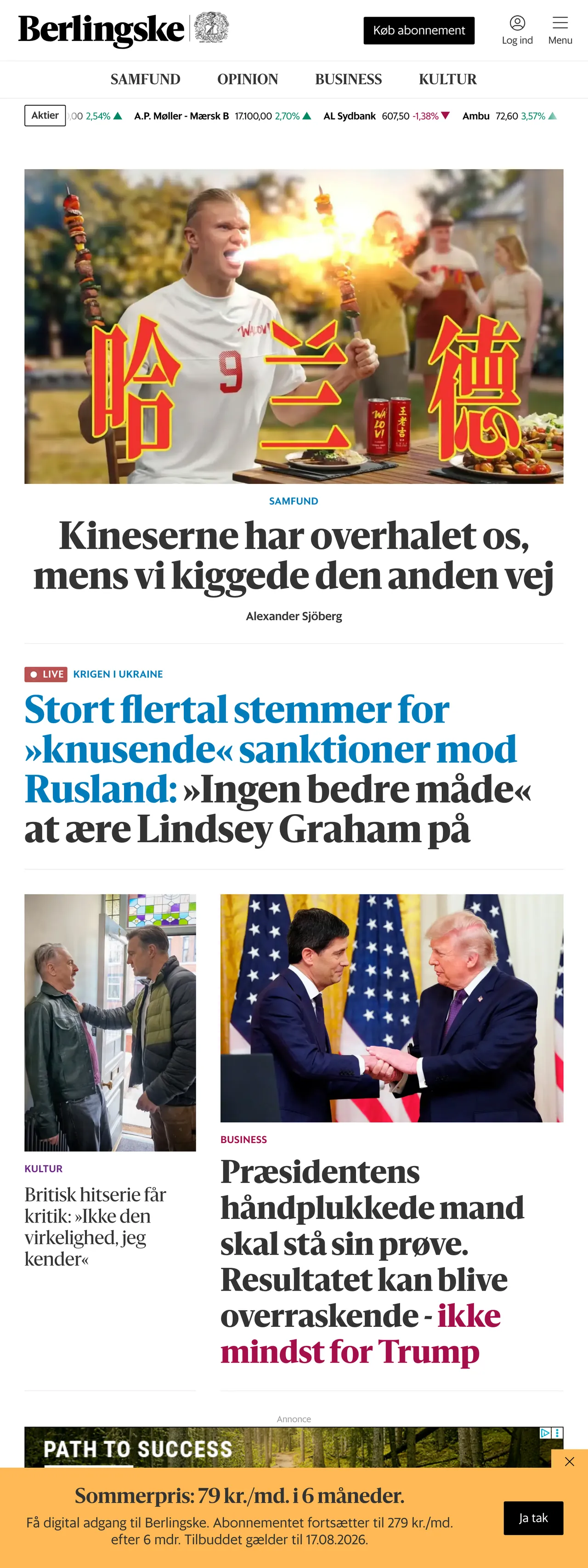 Screenshot of the Berlingske front page