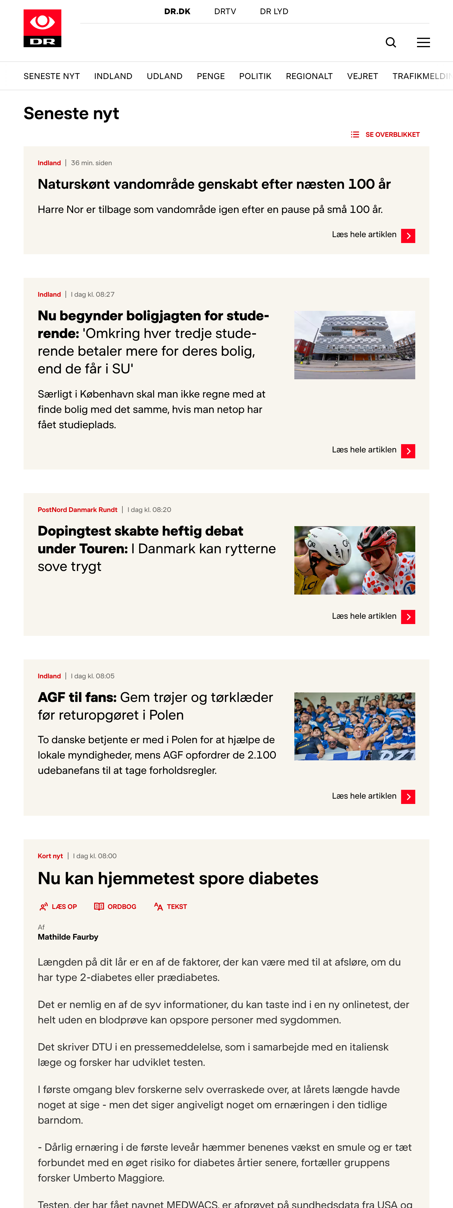 Screenshot of the DR front page