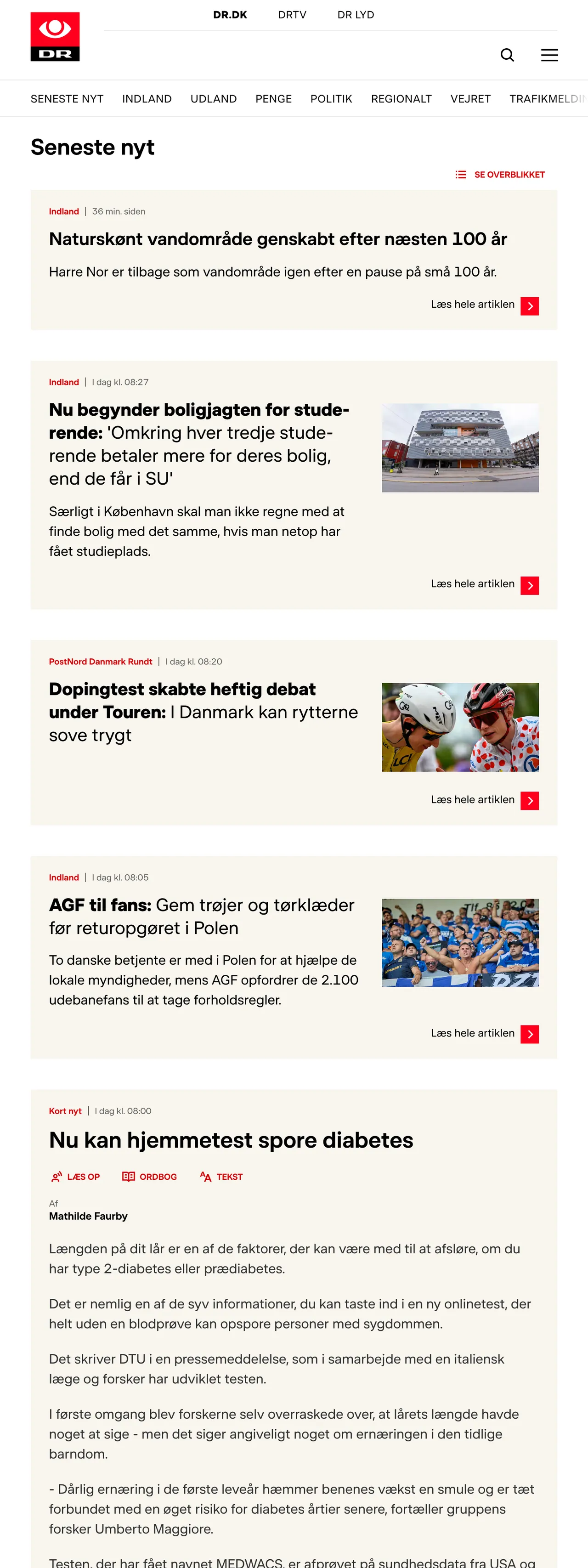 Screenshot of the DR front page