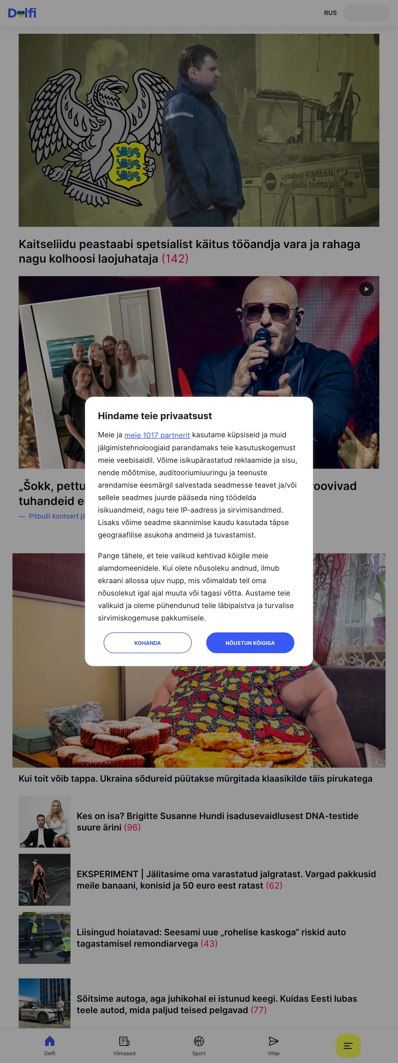 Screenshot of the Delfi front page