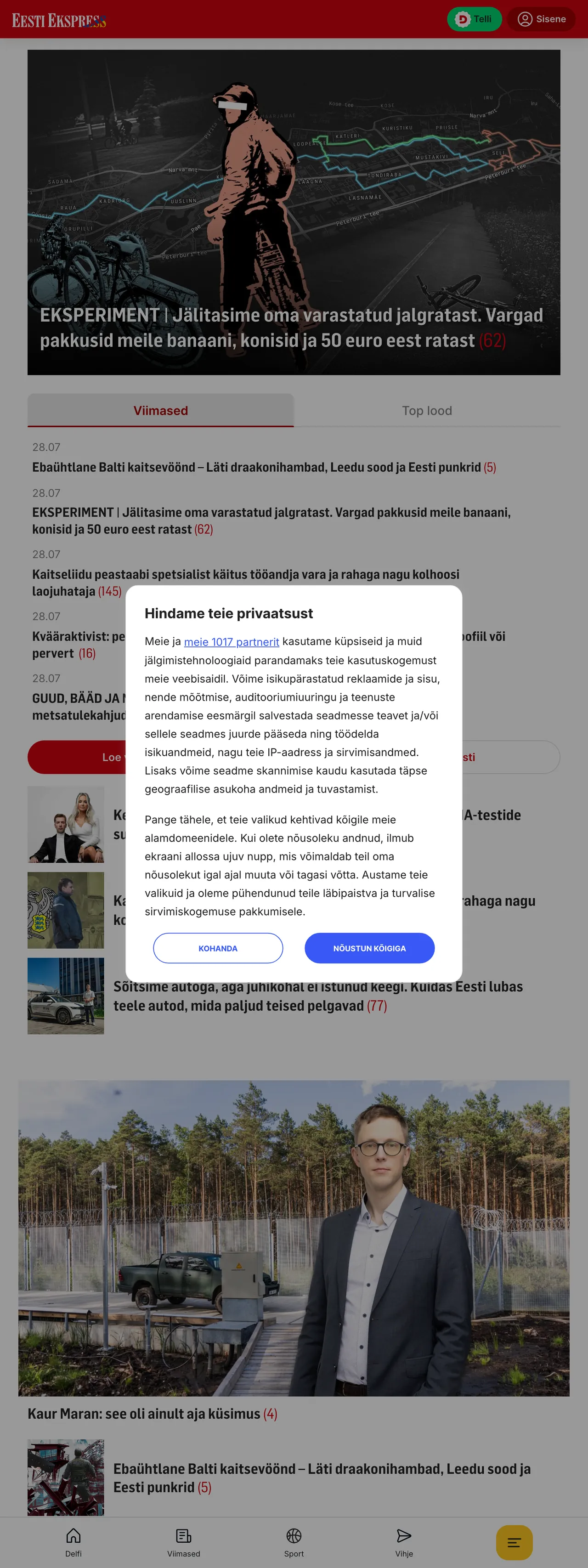 Screenshot of the Eesti Ekspress front page