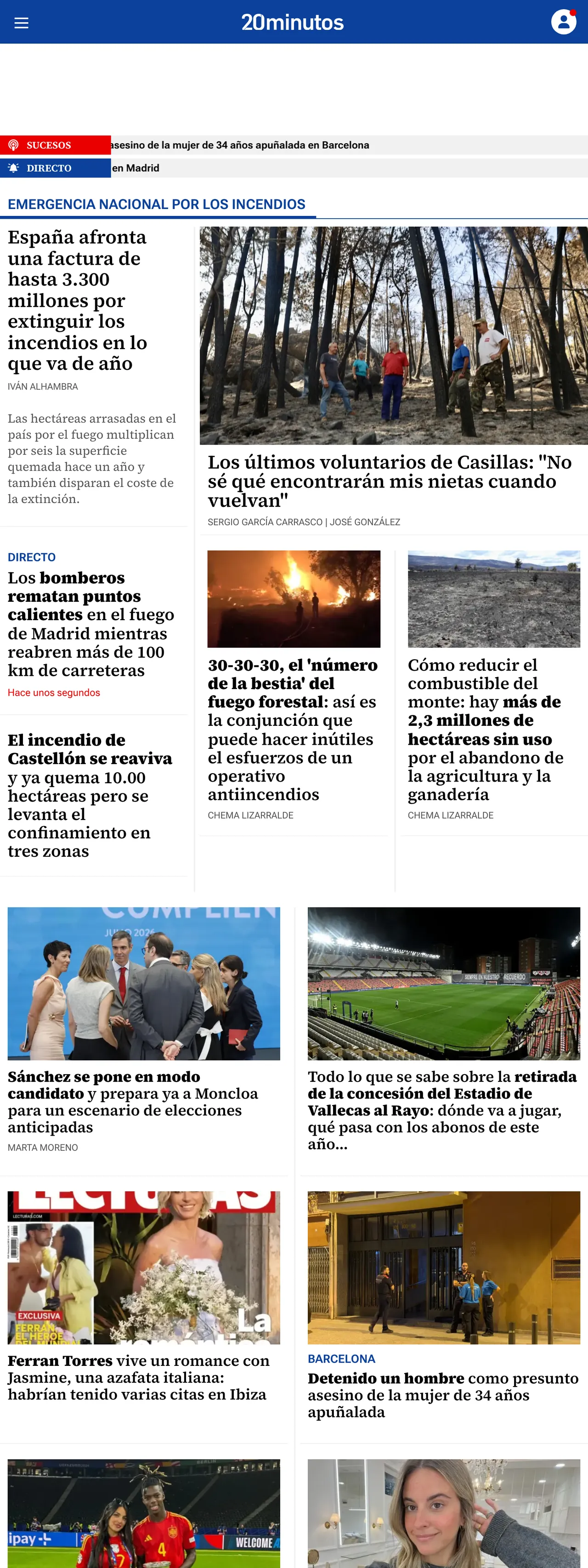 Screenshot of the 20minutos front page